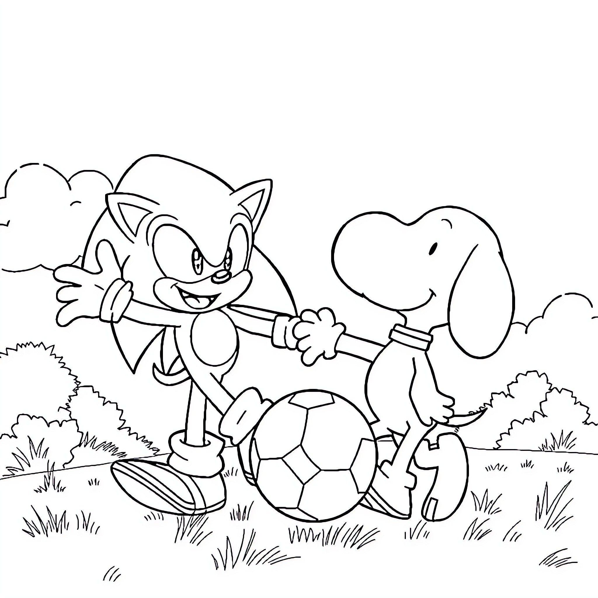 Sonic playing with a dog and a soccer ball in a field Coloring Page (free black-and-white line drawing printable PDF for all, from beginners to advanced learners, including children, teens, adults, and seniors)