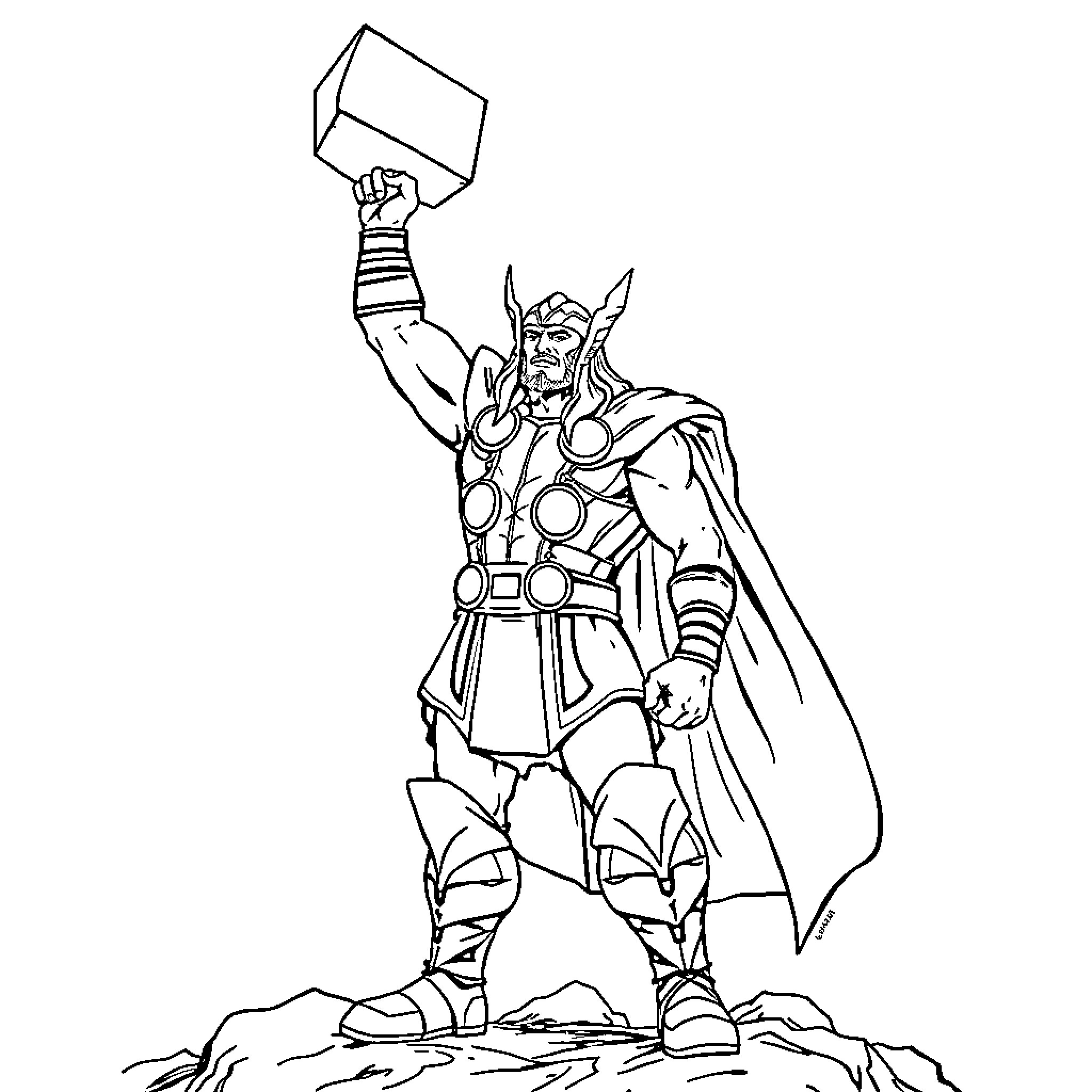 Thor raising mighty hammer in epic battle Coloring Page (free black-and-white line drawing printable PDF for all, from beginners to advanced learners, including children, teens, adults, and seniors)