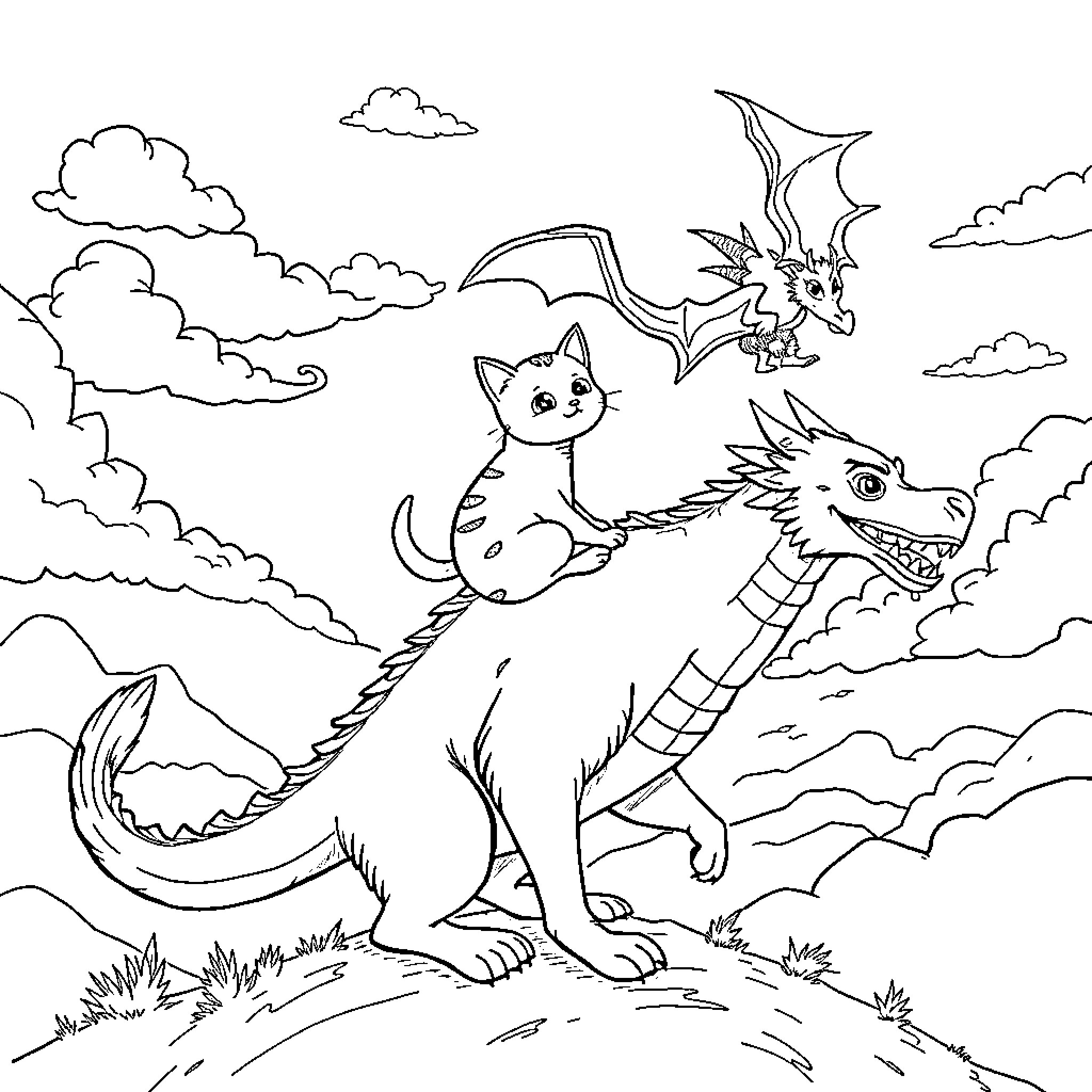 Cat Riding on Dragon in Fantasy Landscape Coloring Page (free black-and-white line drawing printable PDF for all, from beginners to advanced learners, including children, teens, adults, and seniors)