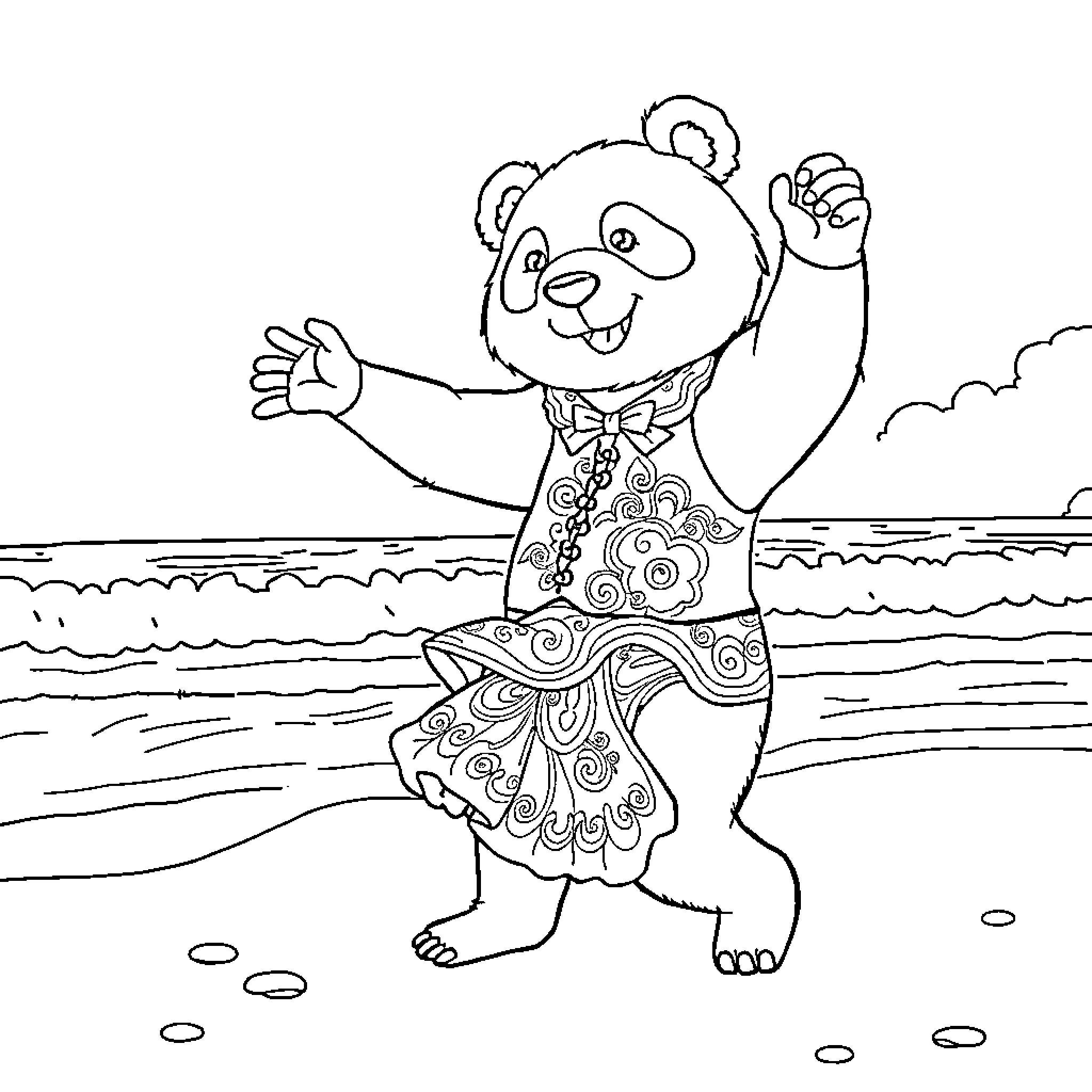 Panda Dancing Joyfully by the Beach Coloring Page (free black-and-white line drawing printable PDF for all, from beginners to advanced learners, including children, teens, adults, and seniors)