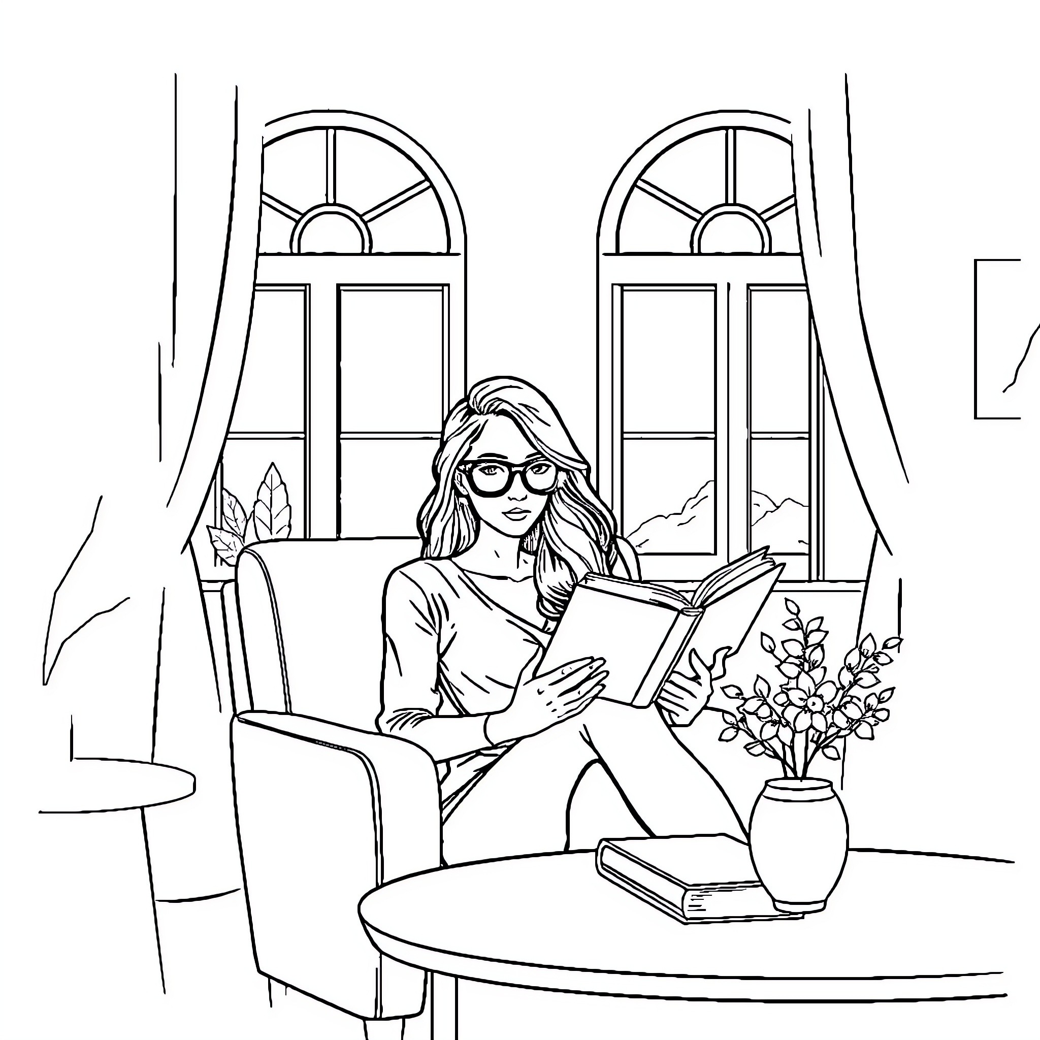 Femme reading attentively in cozy reading nook Coloring Page (free black-and-white line drawing printable PDF for all, from beginners to advanced learners, including children, teens, adults, and seniors)