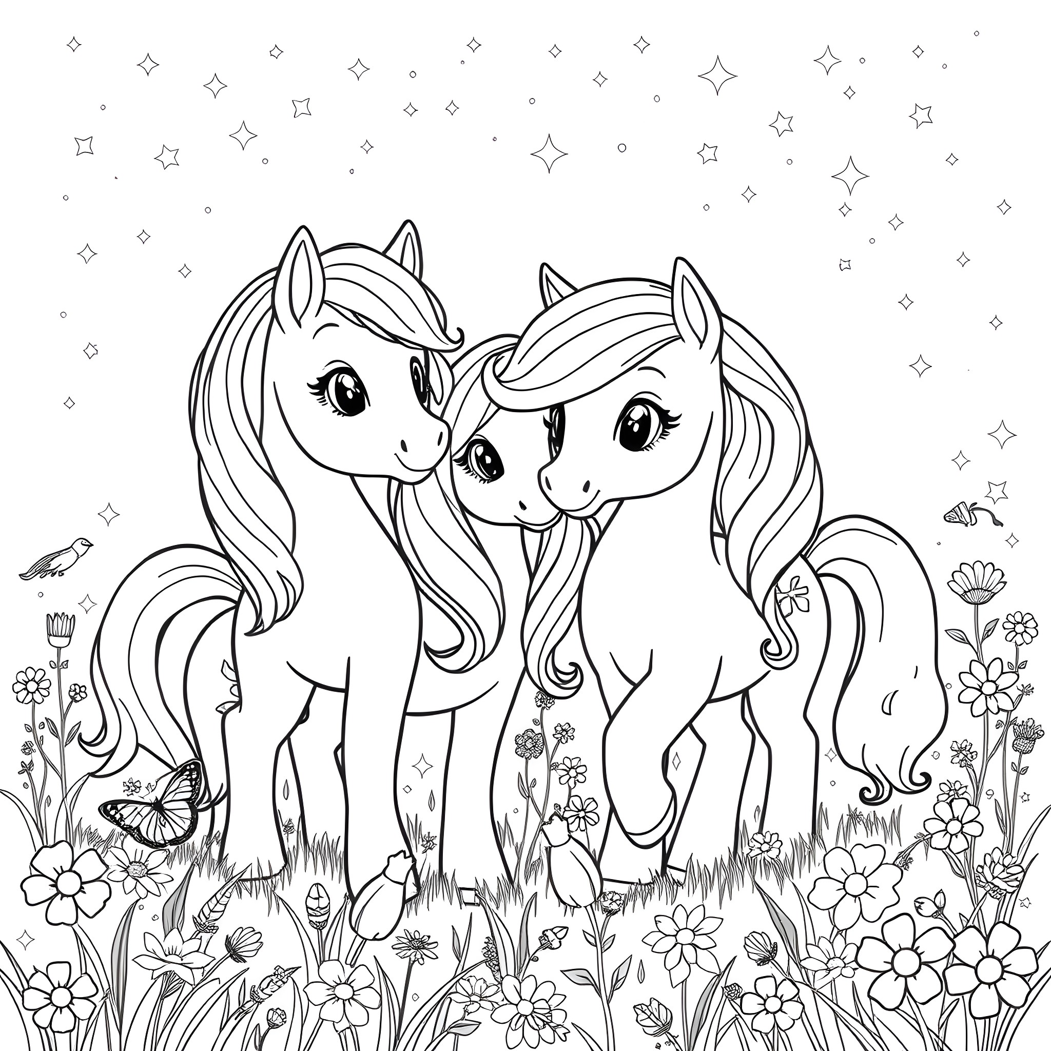 Pony friends enjoying the meadow with flowers Coloring Page (free black-and-white line drawing printable PDF for all, from beginners to advanced learners, including children, teens, adults, and seniors)