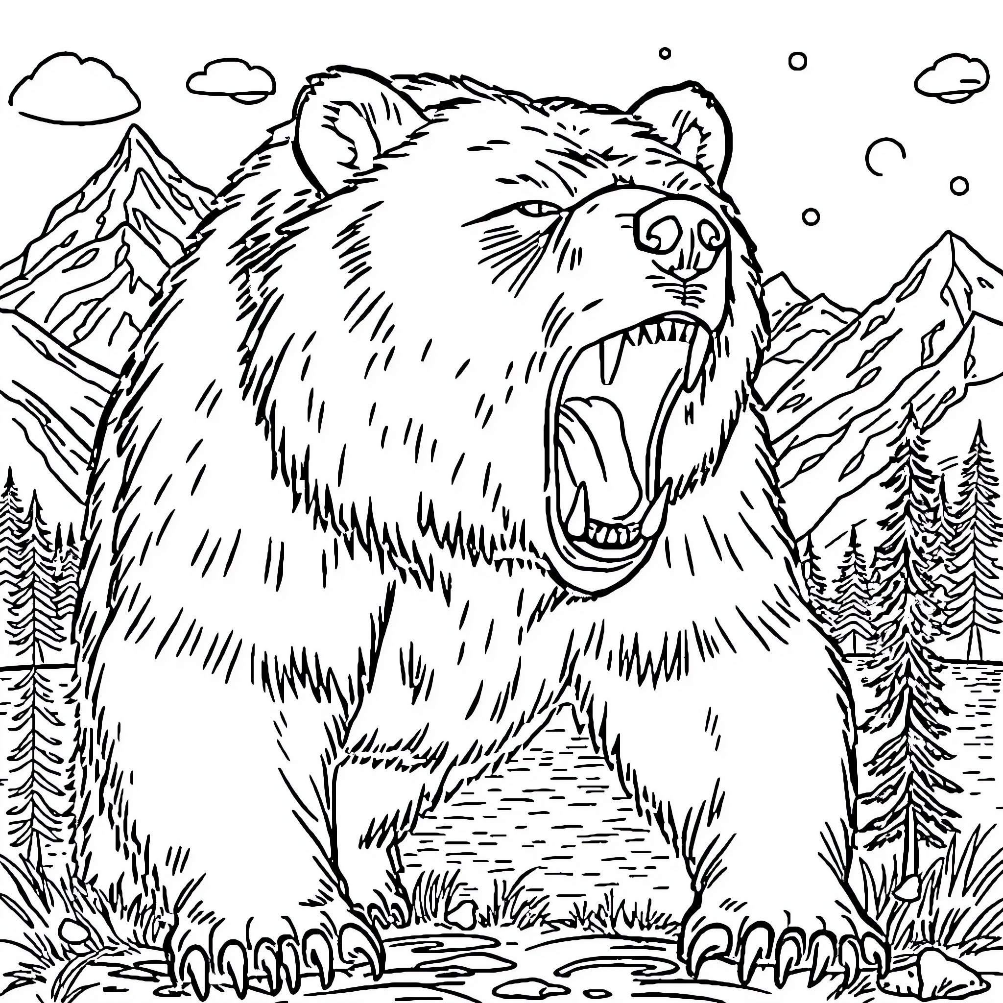 Grizzly Bear Roaring in the Mountain Wilderness Coloring Page (free black-and-white line drawing printable PDF for all, from beginners to advanced learners, including children, teens, adults, and seniors)