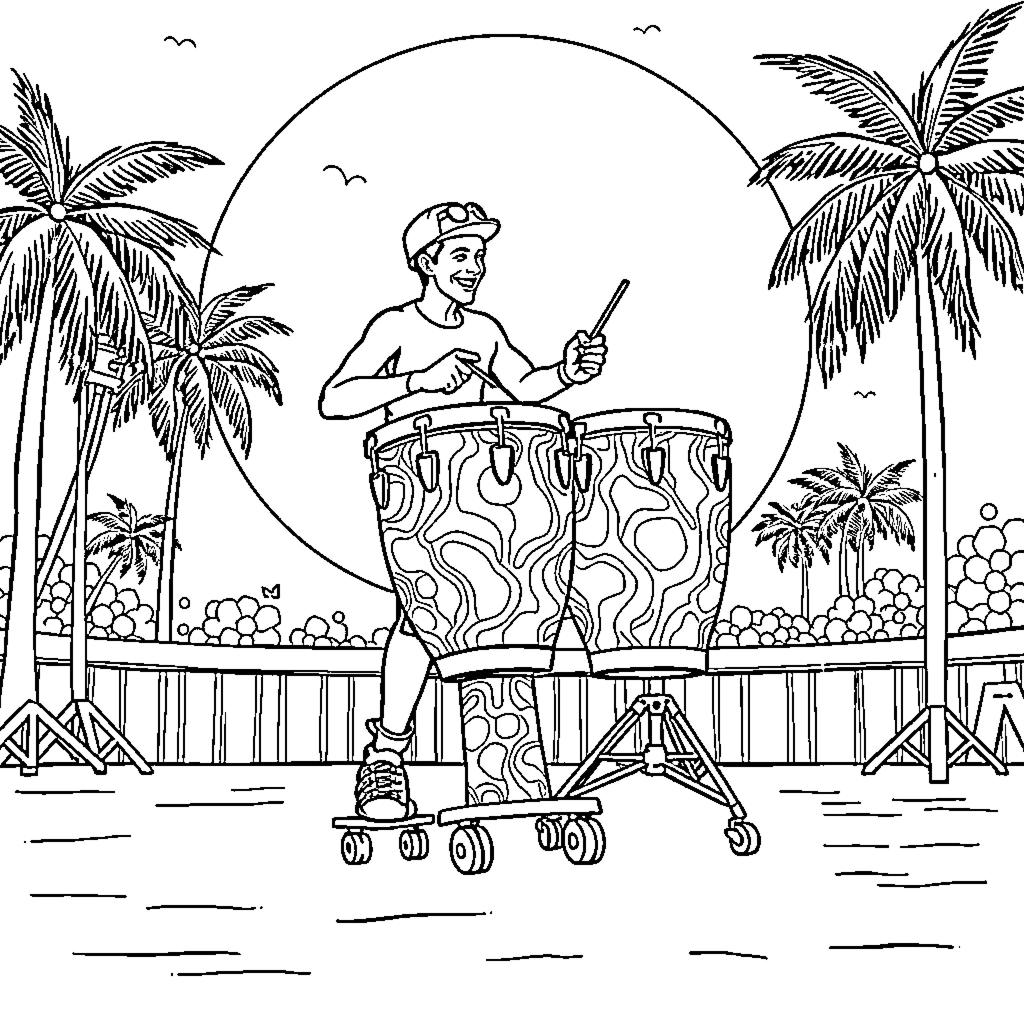 Skater performing tricks on tropical beach Coloring Page (free black-and-white line drawing printable PDF for all, from beginners to advanced learners, including children, teens, adults, and seniors)
