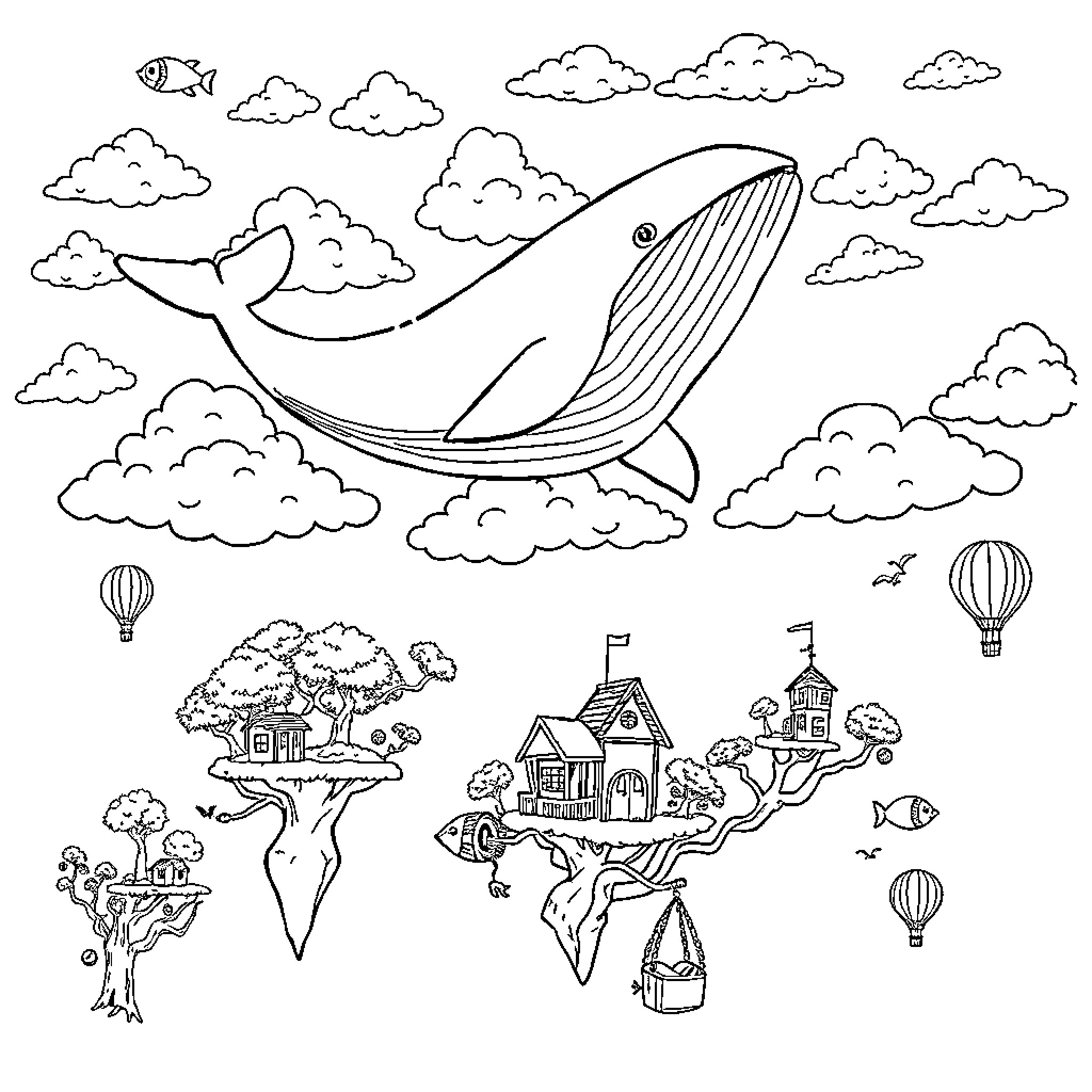 Whale soaring through the whimsical sky Coloring Page (free black-and-white line drawing printable PDF for all, from beginners to advanced learners, including children, teens, adults, and seniors)