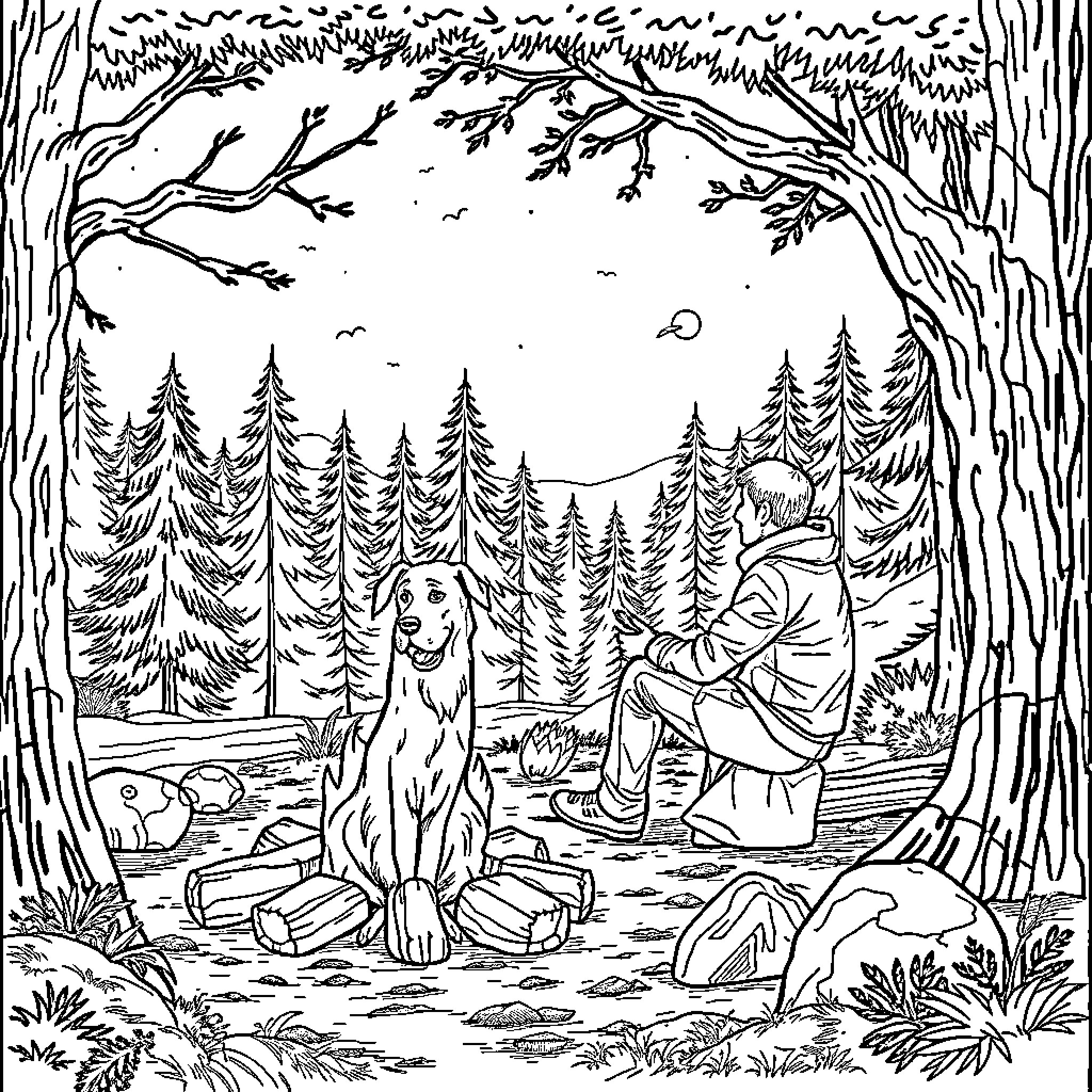 Man with dog in the forest Coloring Page (free black-and-white line drawing printable PDF for all, from beginners to advanced learners, including children, teens, adults, and seniors)