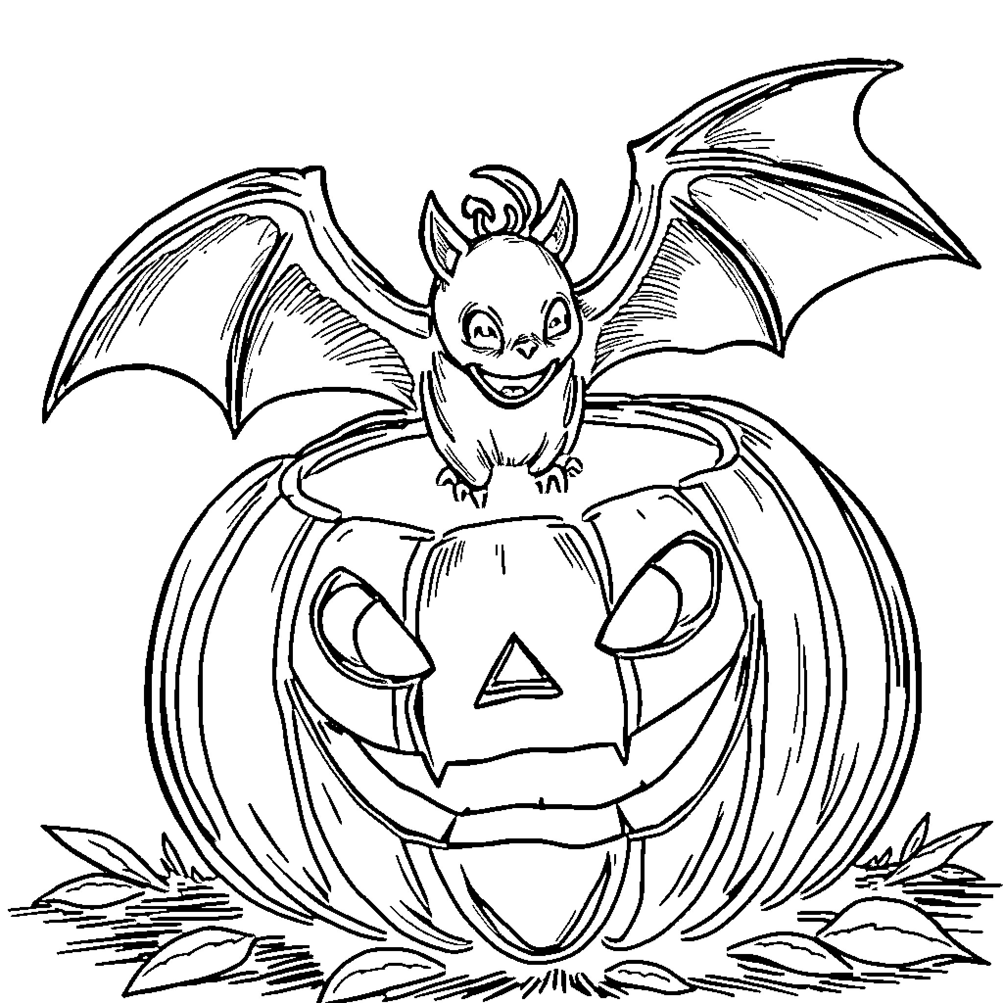 Bat perching on a smiling jack-o'-lantern Coloring Page (free black-and-white line drawing printable PDF for all, from beginners to advanced learners, including children, teens, adults, and seniors)