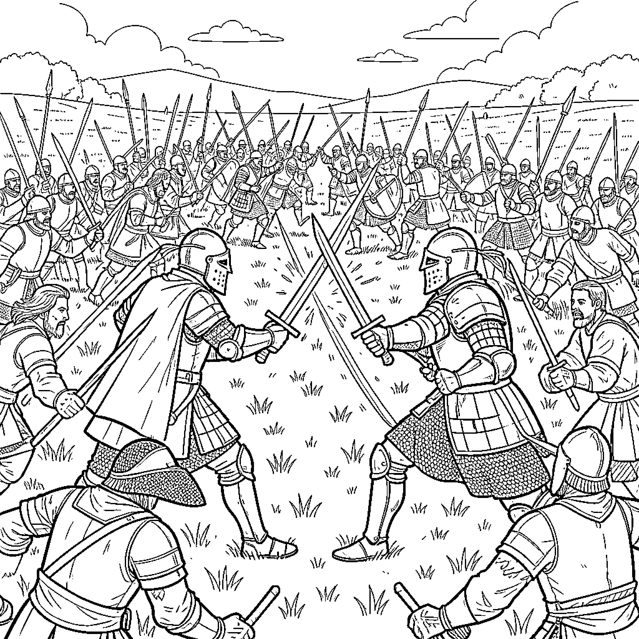 Medieval Army fighting in an intense battlefield duel Coloring Page (free black-and-white line drawing printable PDF for all, from beginners to advanced learners, including children, teens, adults, and seniors)