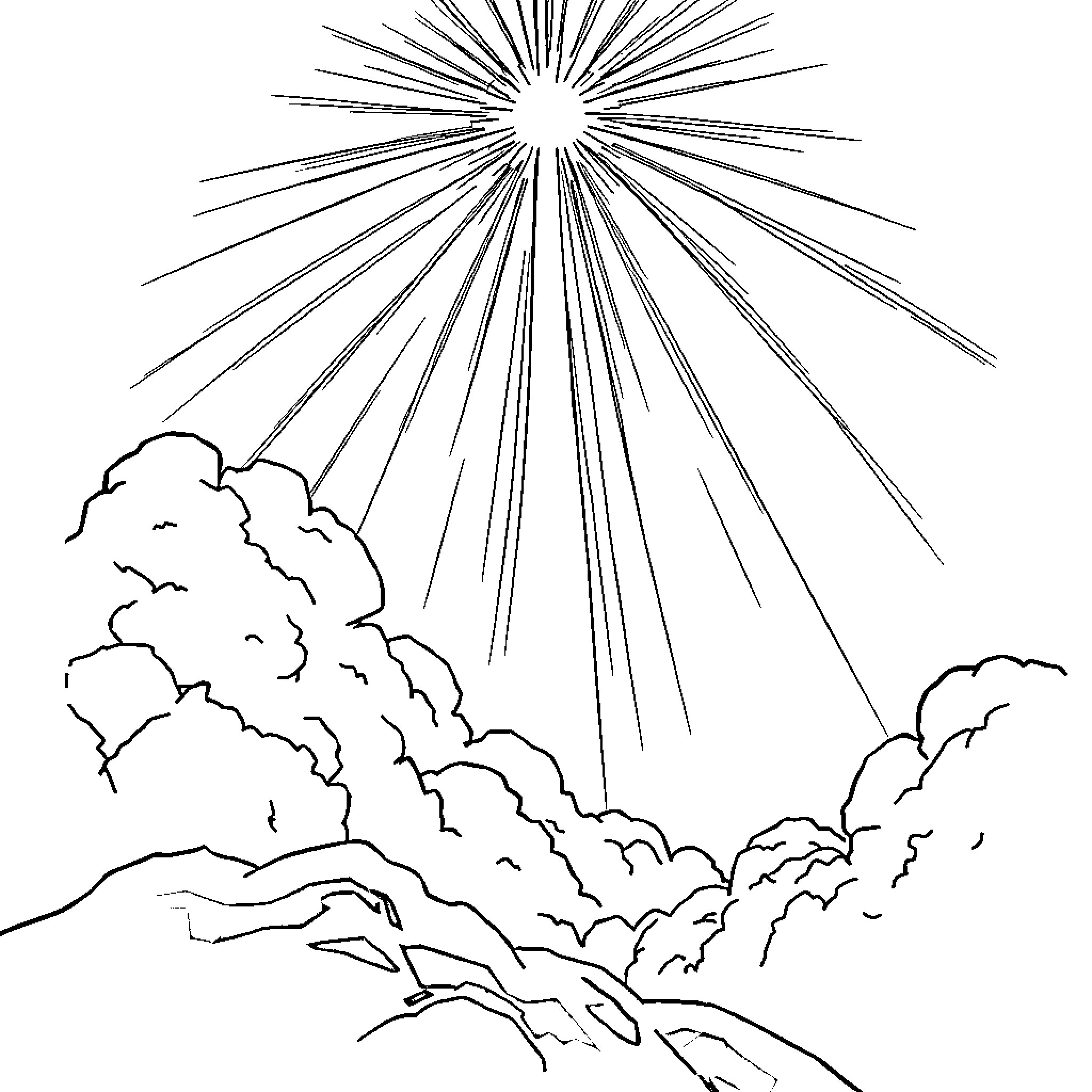 Beam of light shining through clouds Coloring Page (free black-and-white line drawing printable PDF for all, from beginners to advanced learners, including children, teens, adults, and seniors)