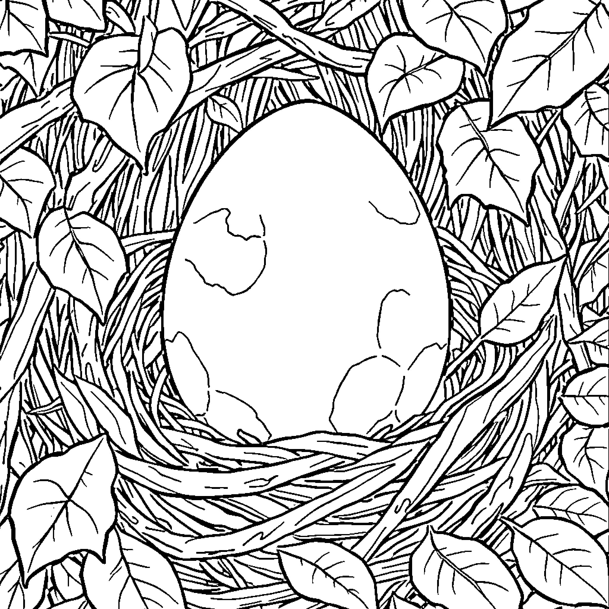 Dragon Egg hatching in a nest of leaves Coloring Page (free black-and-white line drawing printable PDF for all, from beginners to advanced learners, including children, teens, adults, and seniors)
