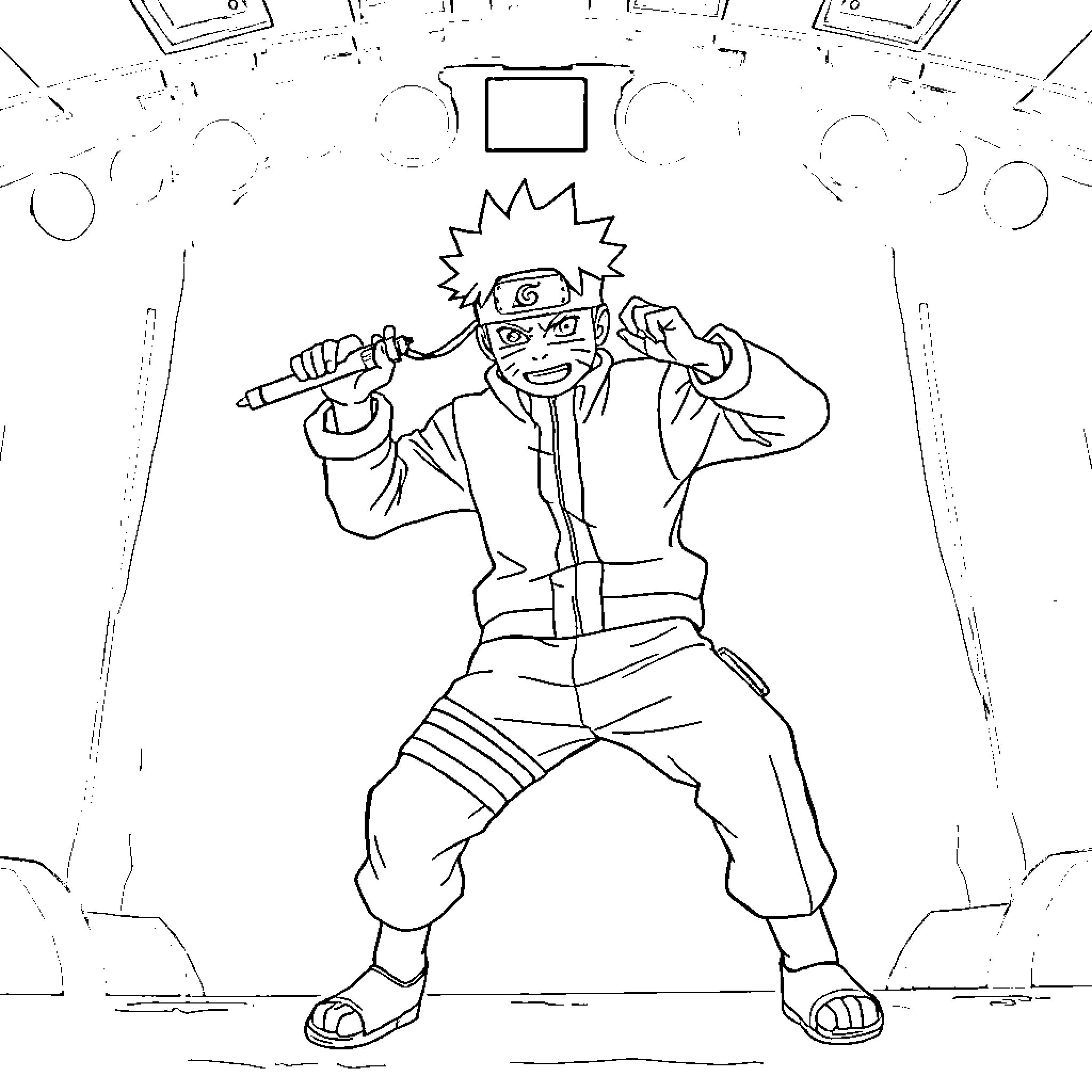 Naruto Ninja Battles with Confidence Coloring Page (free black-and-white line drawing printable PDF for all, from beginners to advanced learners, including children, teens, adults, and seniors)
