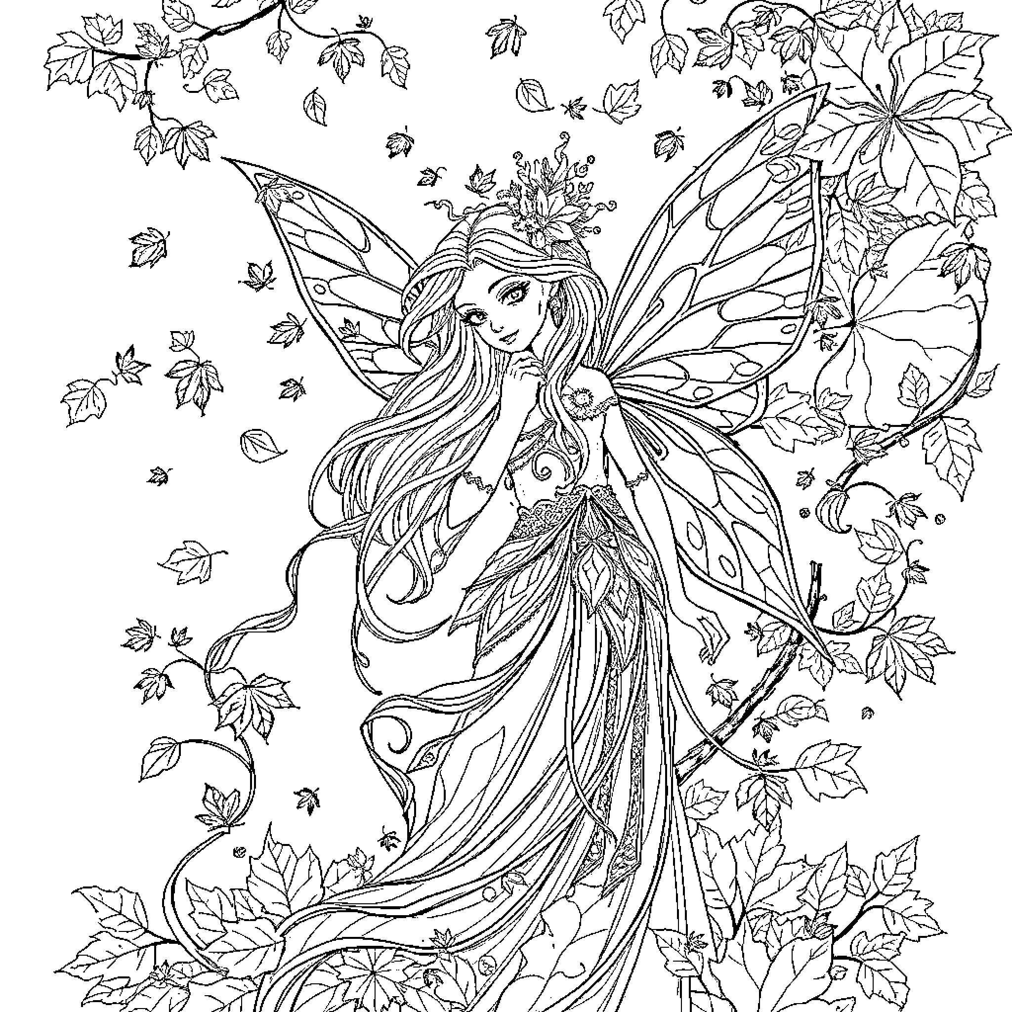 Autumn Fairy amidst falling leaves and nature Coloring Page (free black-and-white line drawing printable PDF for all, from beginners to advanced learners, including children, teens, adults, and seniors)