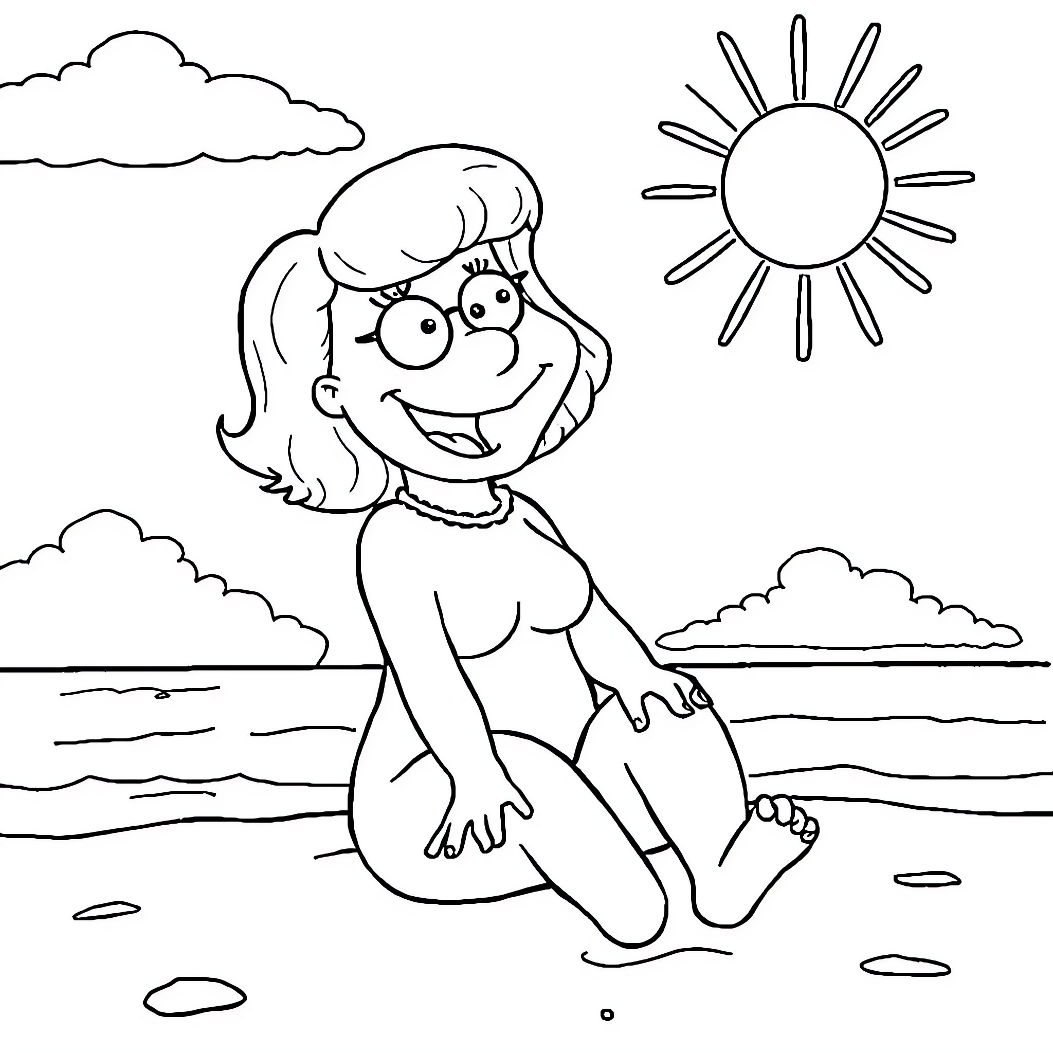 Lois Griffin enjoying a sunny day by the beach Coloring Page (free black-and-white line drawing printable PDF for all, from beginners to advanced learners, including children, teens, adults, and seniors)