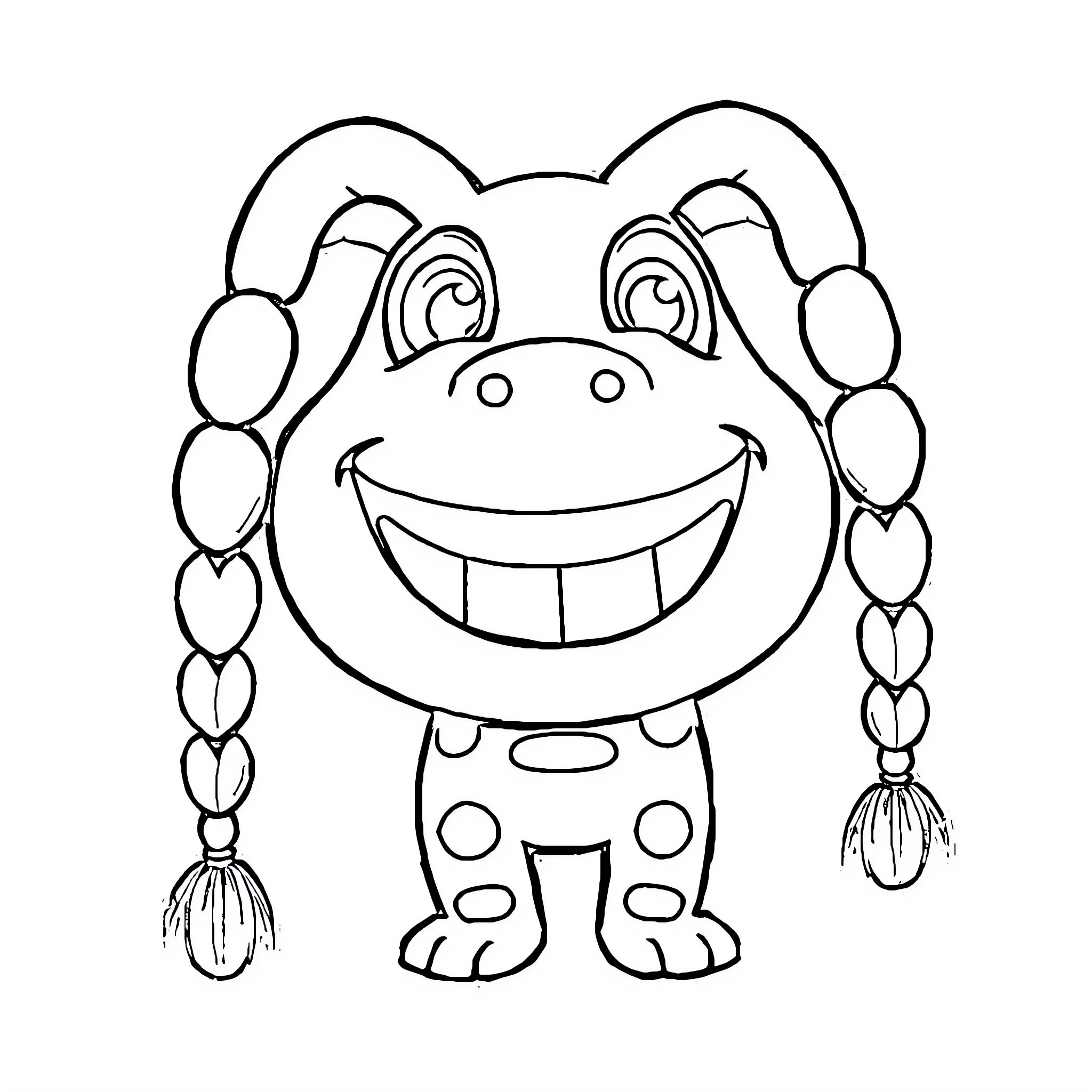 Labubu's delightful smiling frog character Coloring Page (free black-and-white line drawing printable PDF for all, from beginners to advanced learners, including children, teens, adults, and seniors)