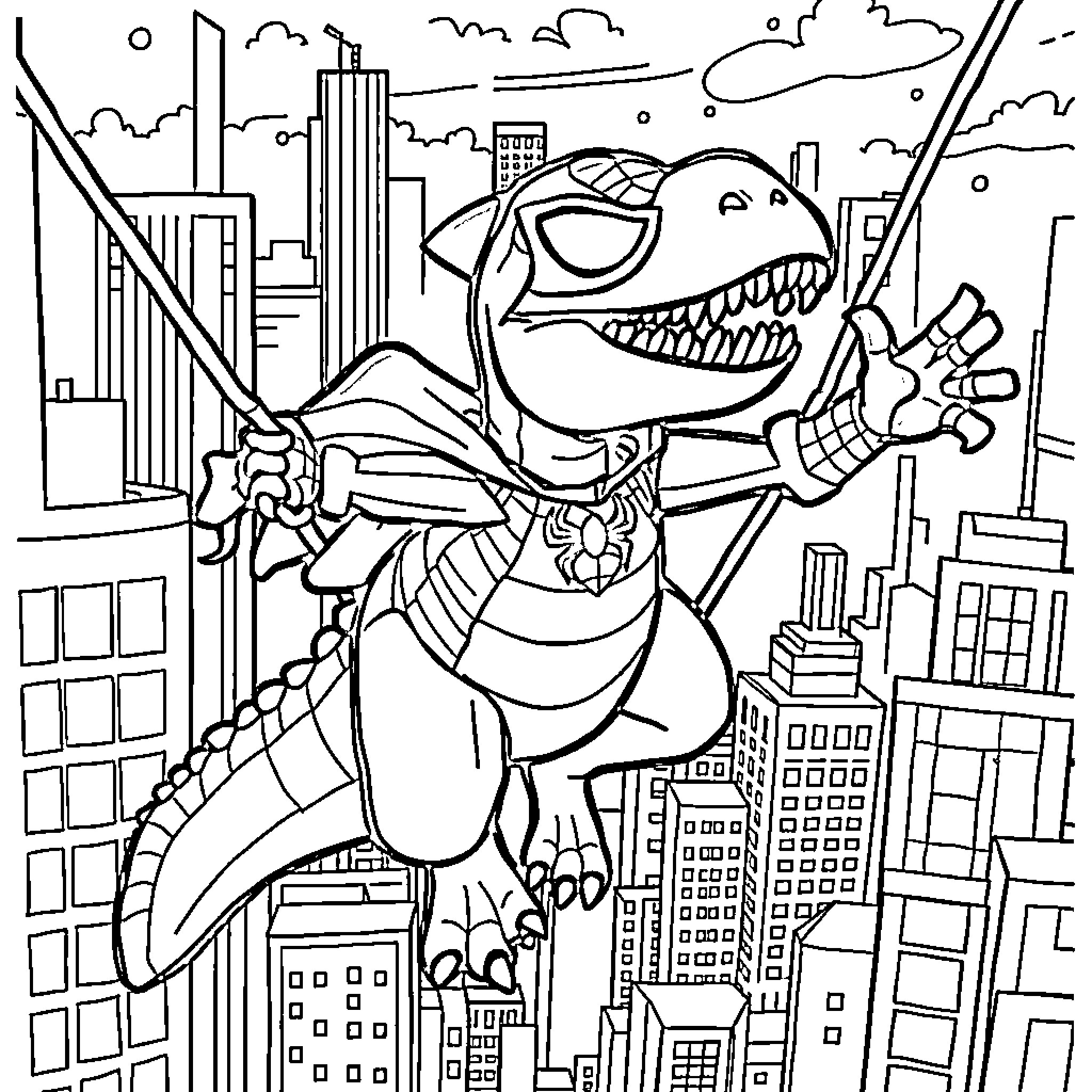 Dinosaur destroying city with weapons in hand Coloring Page (free black-and-white line drawing printable PDF for all, from beginners to advanced learners, including children, teens, adults, and seniors)