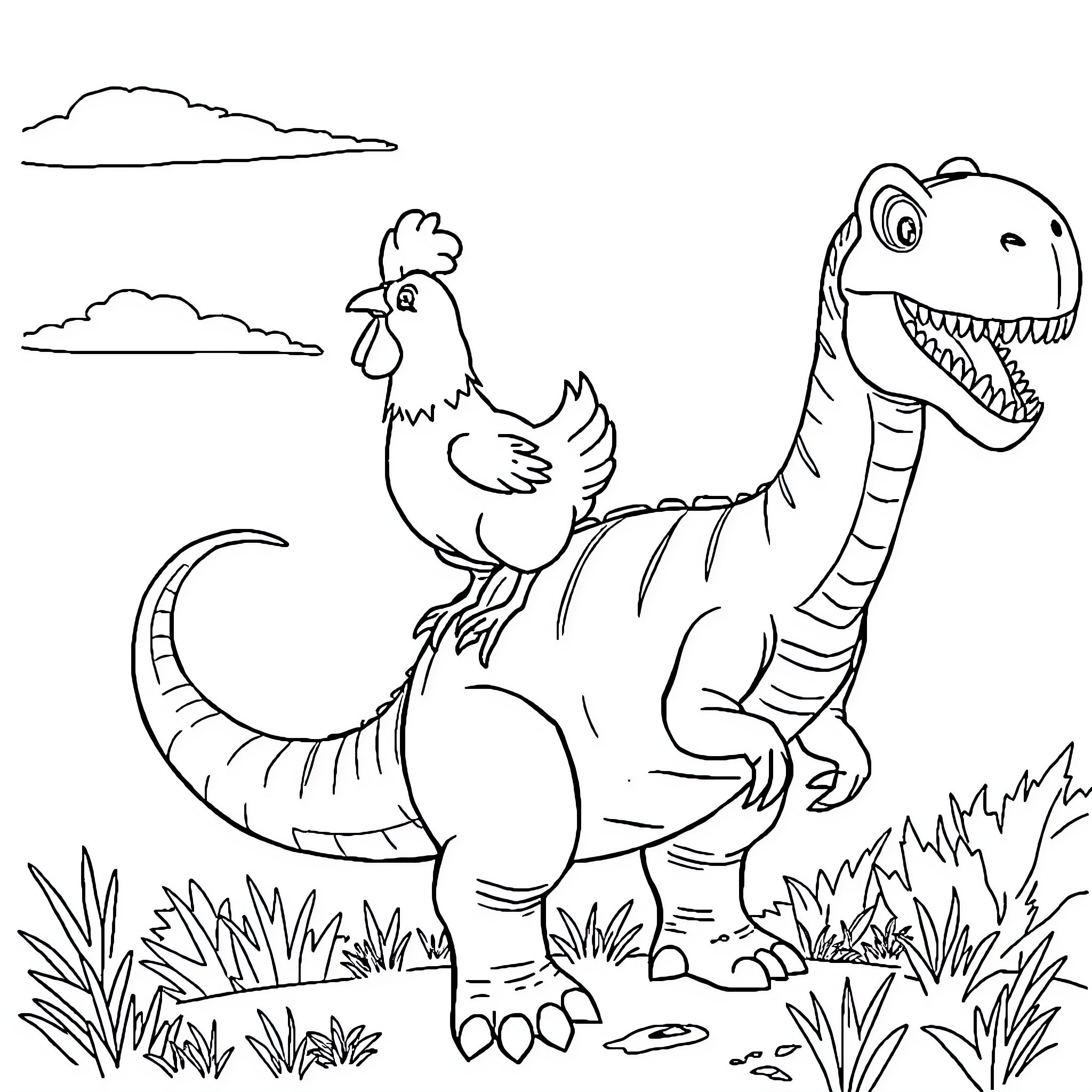 Chicken and Dinosaur in the Countryside Coloring Page (free black-and-white line drawing printable PDF for all, from beginners to advanced learners, including children, teens, adults, and seniors)