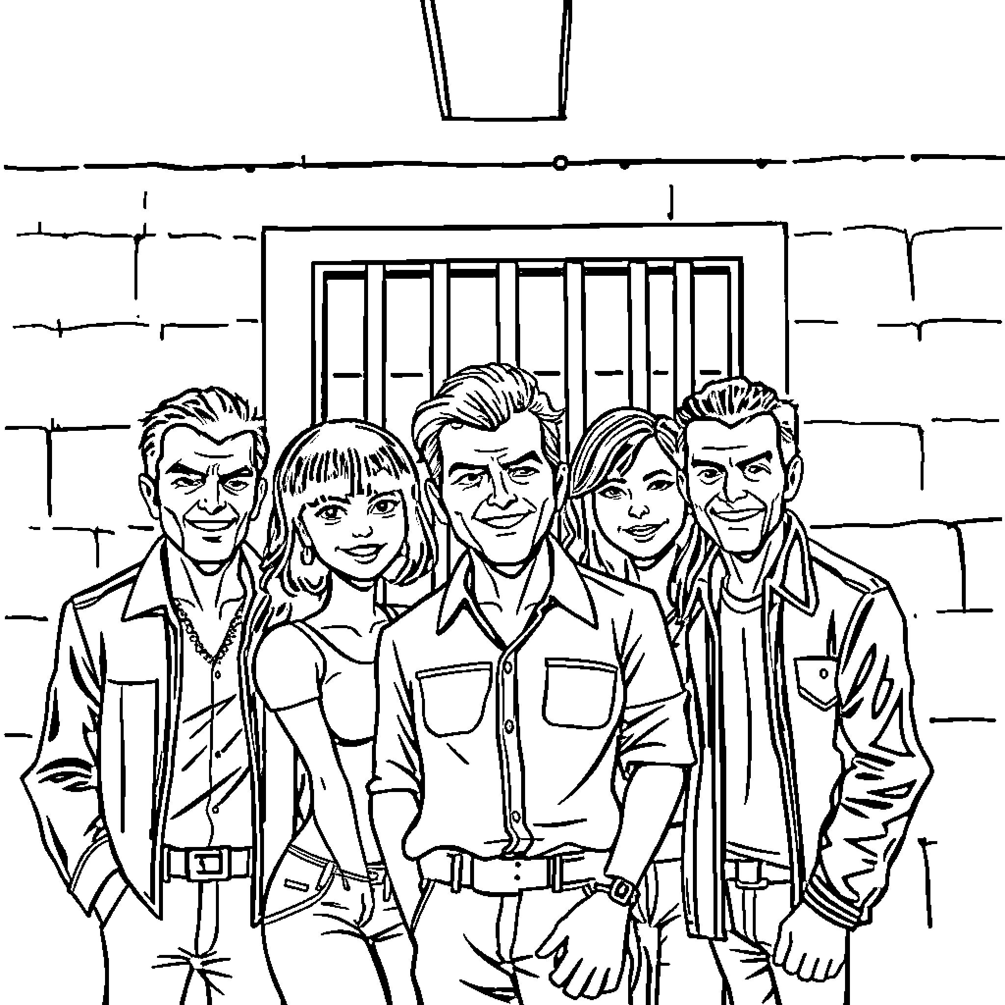 Clica: Friends Posing Together Coloring Page (free black-and-white line drawing printable PDF for all, from beginners to advanced learners, including children, teens, adults, and seniors)