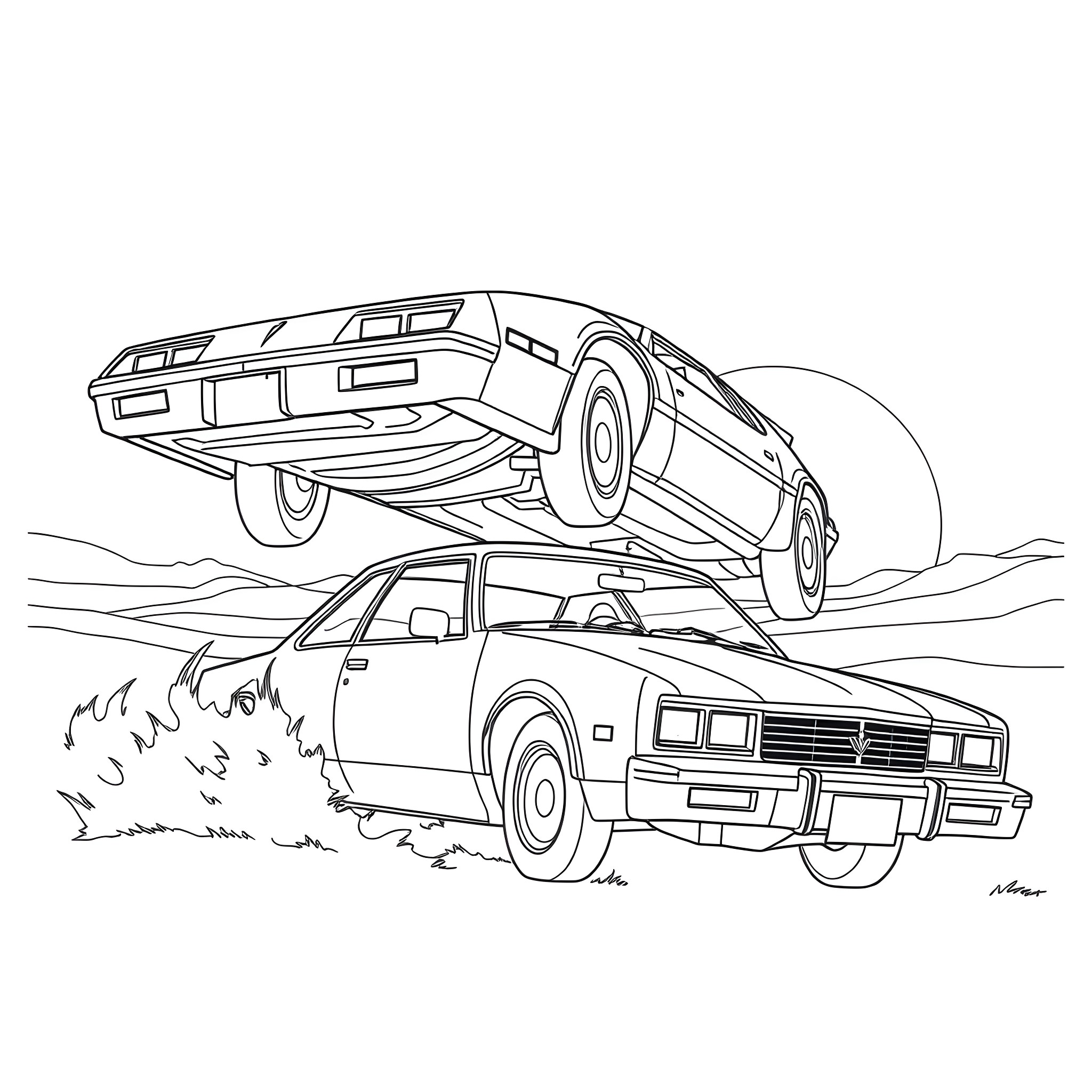 Kitt cars racing through the desert Coloring Page (free black-and-white line drawing printable PDF for all, from beginners to advanced learners, including children, teens, adults, and seniors)