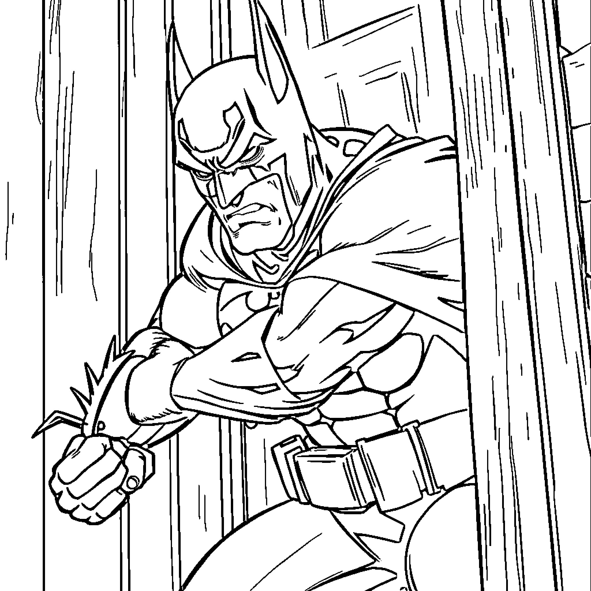 Batman heroically breaking through obstacles Coloring Page (free black-and-white line drawing printable PDF for all, from beginners to advanced learners, including children, teens, adults, and seniors)