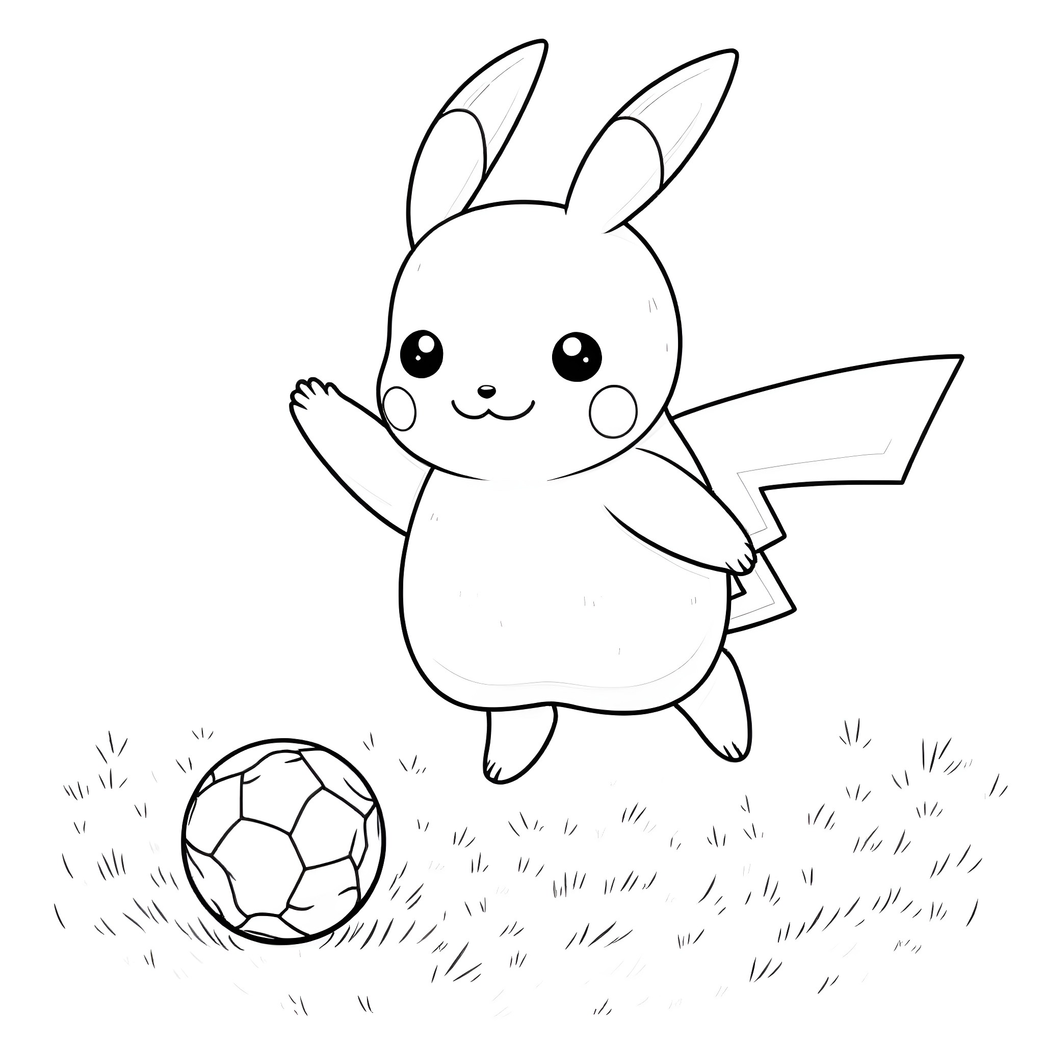 Pikachu happily playing with a soccer ball Coloring Page (free black-and-white line drawing printable PDF for all, from beginners to advanced learners, including children, teens, adults, and seniors)
