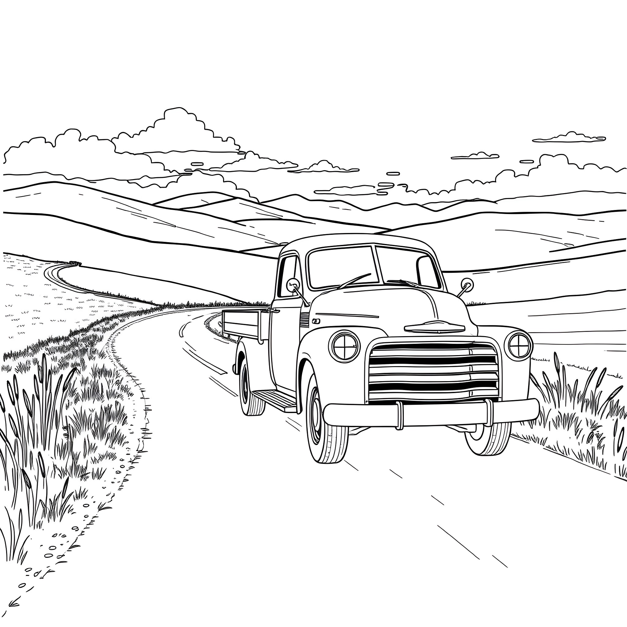 Truck on a winding country road through rolling hills Coloring Page (free black-and-white line drawing printable PDF for all, from beginners to advanced learners, including children, teens, adults, and seniors)