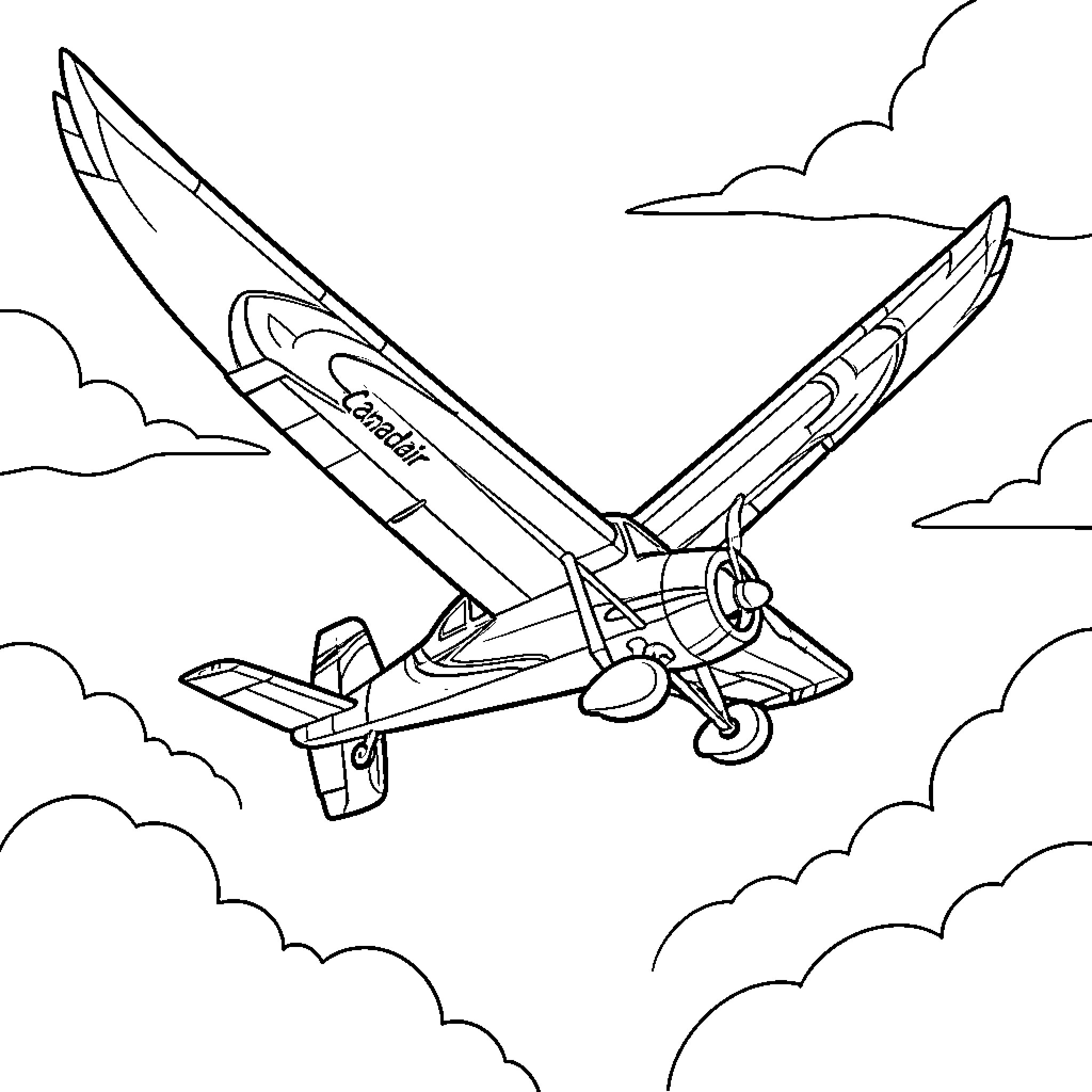 Canadair airplane flying through the clouds Coloring Page (free black-and-white line drawing printable PDF for all, from beginners to advanced learners, including children, teens, adults, and seniors)