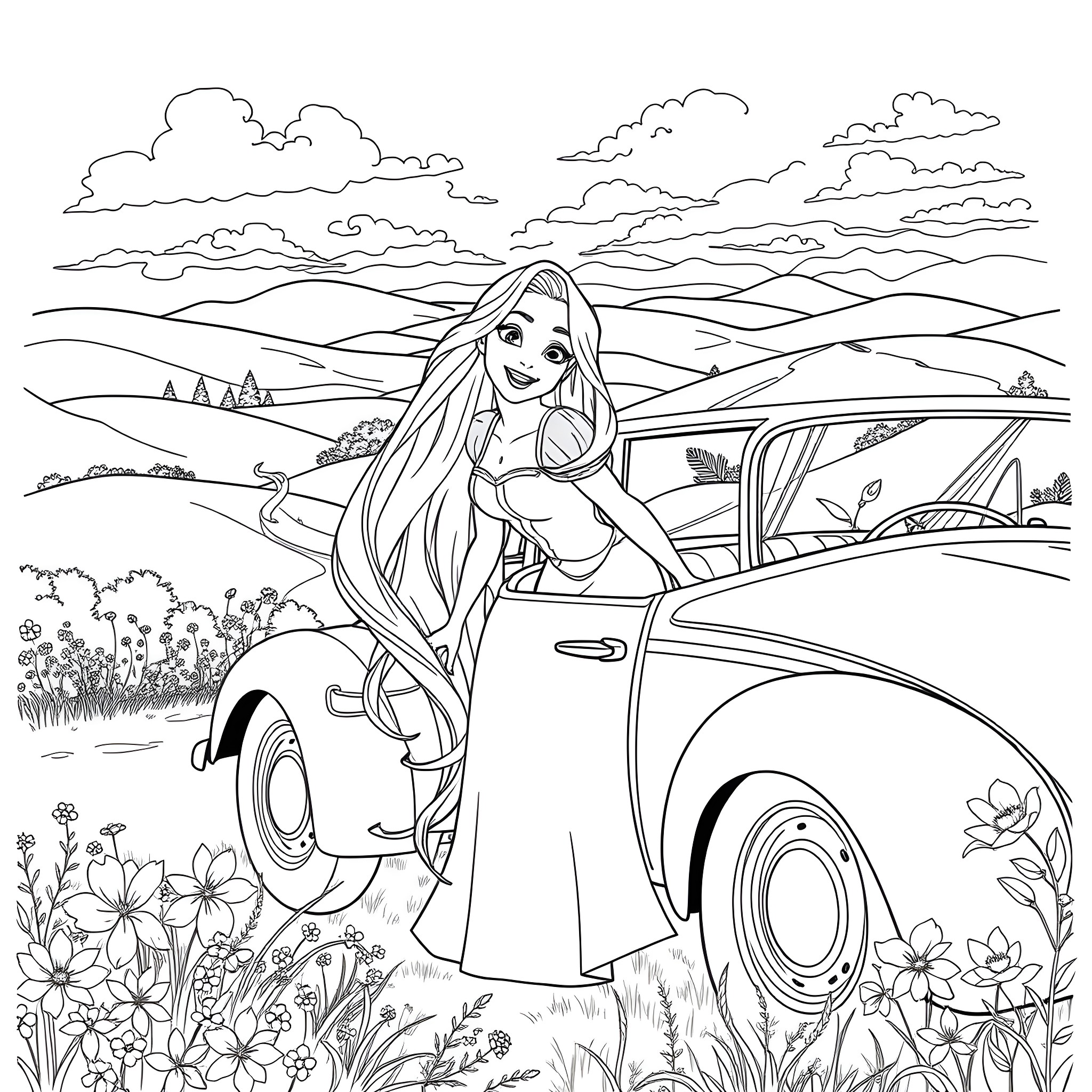 Princess on a road trip through the countryside Coloring Page (free black-and-white line drawing printable PDF for all, from beginners to advanced learners, including children, teens, adults, and seniors)