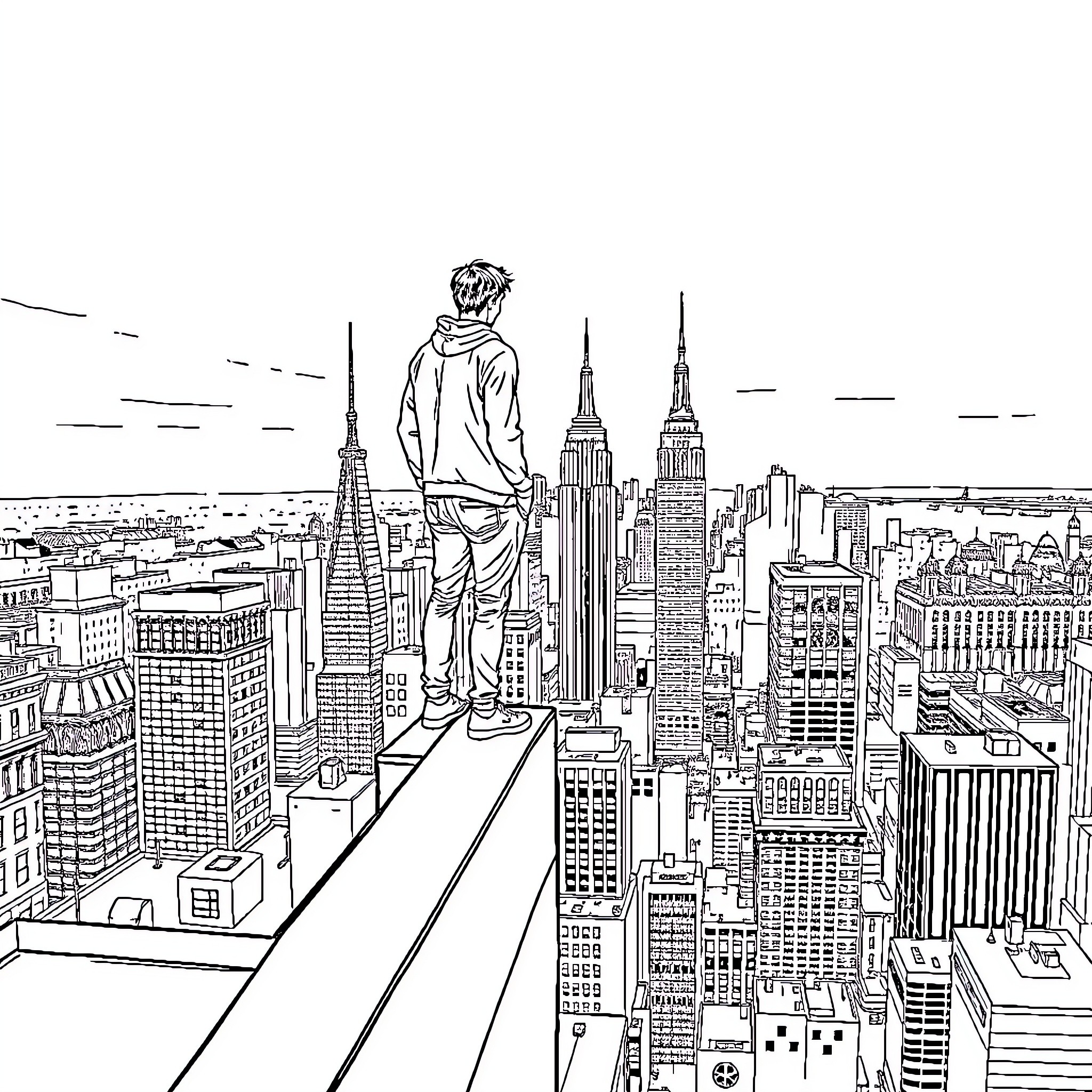 Guy Overlooking Cityscape from Skyscraper Coloring Page (free black-and-white line drawing printable PDF for all, from beginners to advanced learners, including children, teens, adults, and seniors)
