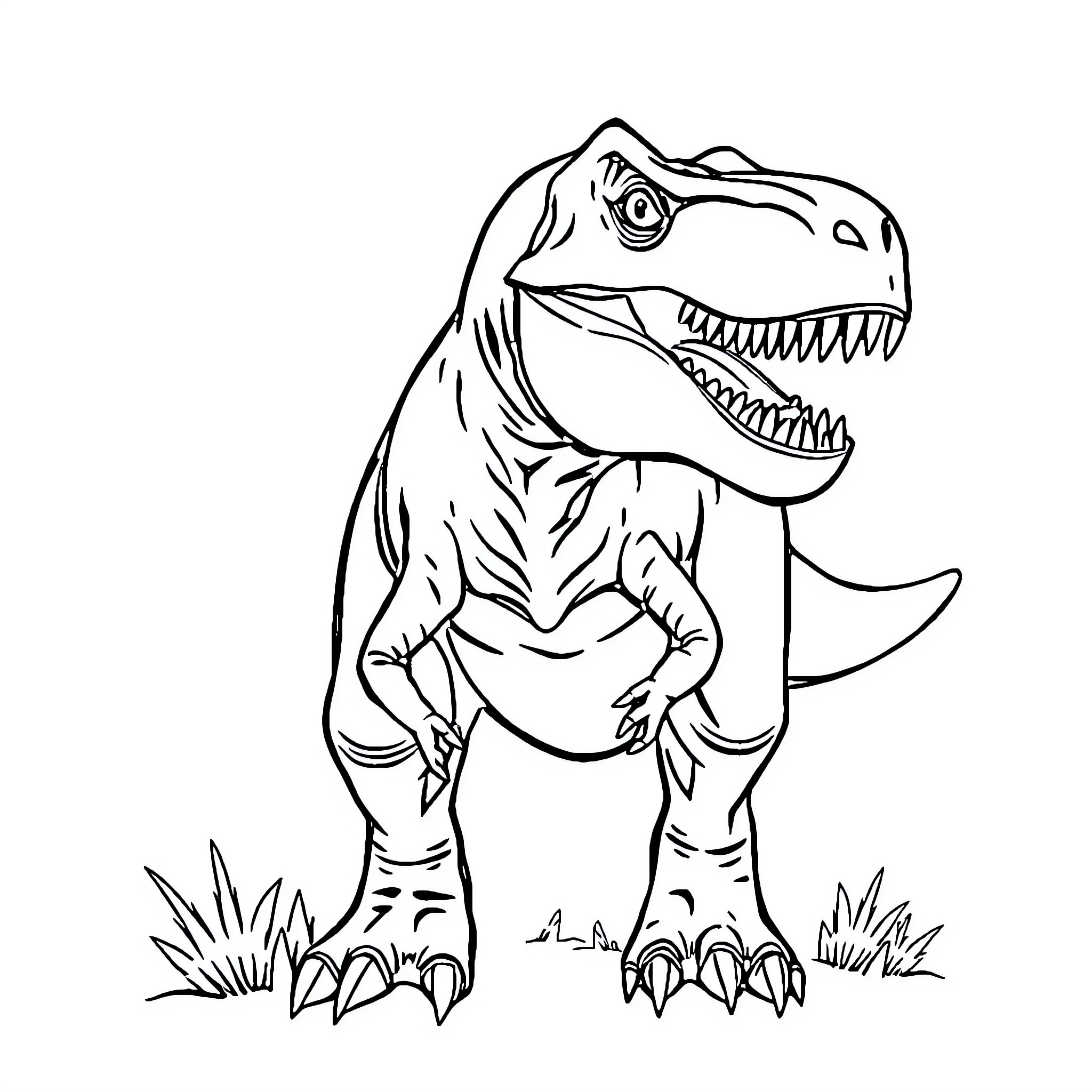T-Rex Roaring Fiercely in Nature Coloring Page (free black-and-white line drawing printable PDF for all, from beginners to advanced learners, including children, teens, adults, and seniors)