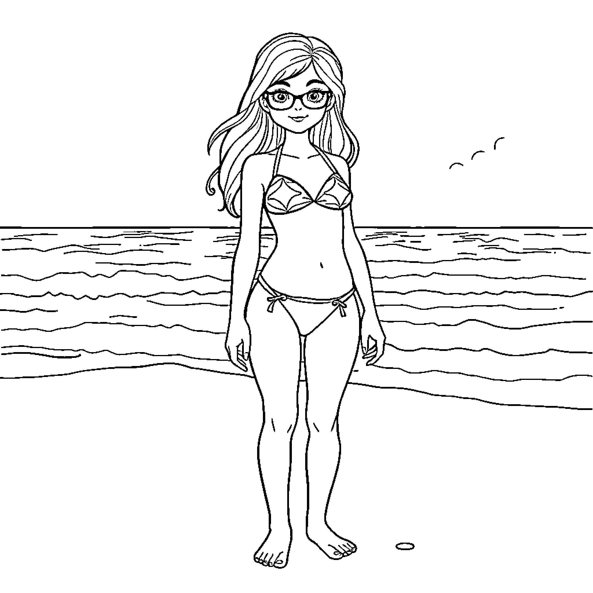 Girl in Swimwear Enjoying the Beach Coloring Page (free black-and-white line drawing printable PDF for all, from beginners to advanced learners, including children, teens, adults, and seniors)