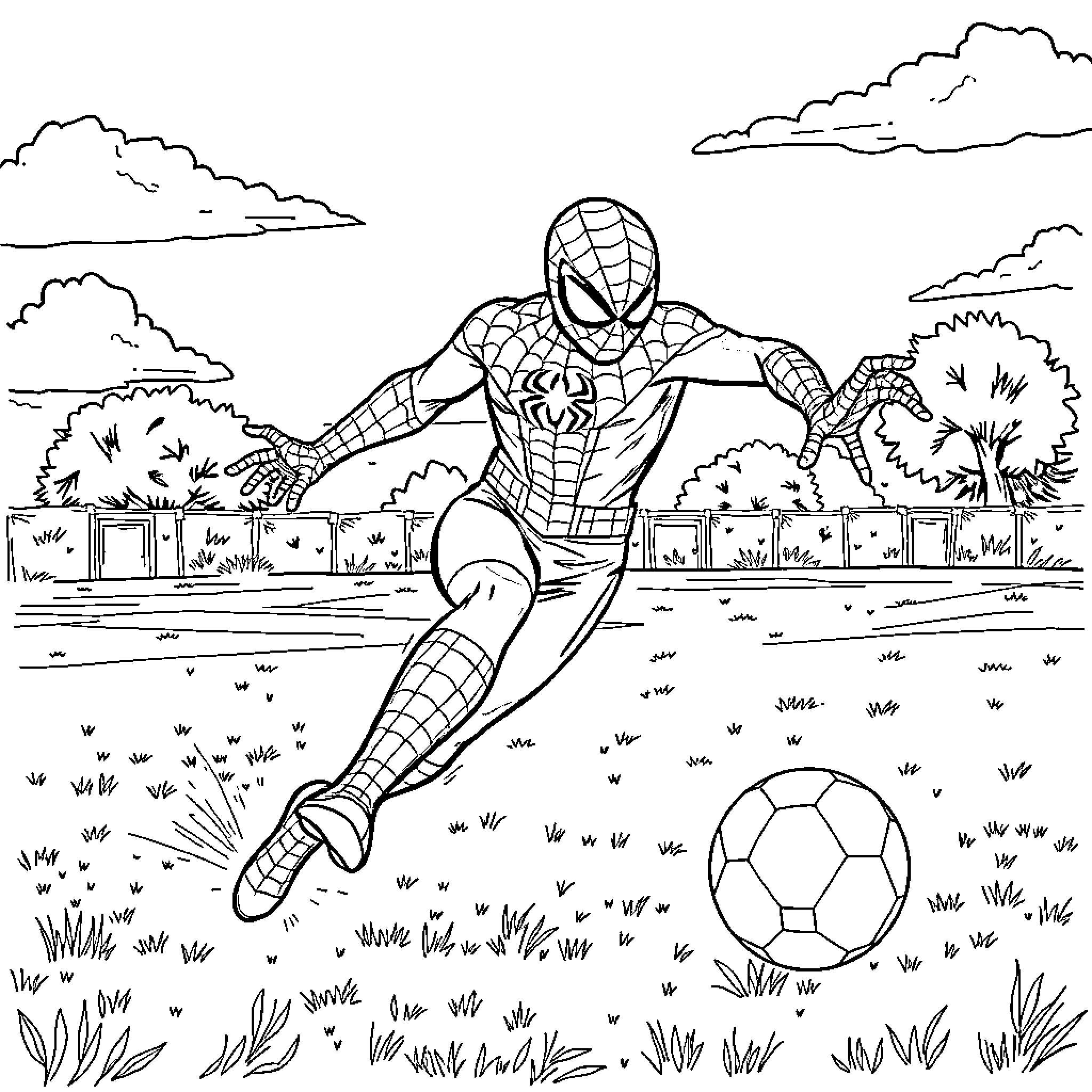 Spiderman playing soccer in the park Coloring Page (free black-and-white line drawing printable PDF for all, from beginners to advanced learners, including children, teens, adults, and seniors)