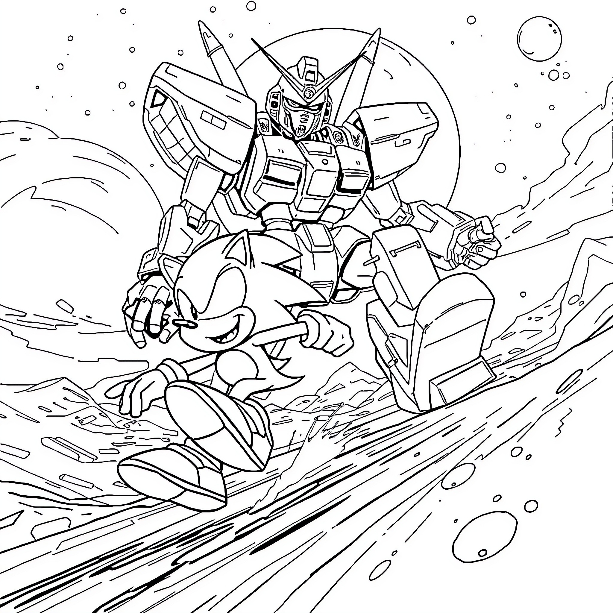 Sonic Battling a Powerful Mech Adversary Coloring Page (free black-and-white line drawing printable PDF for all, from beginners to advanced learners, including children, teens, adults, and seniors)