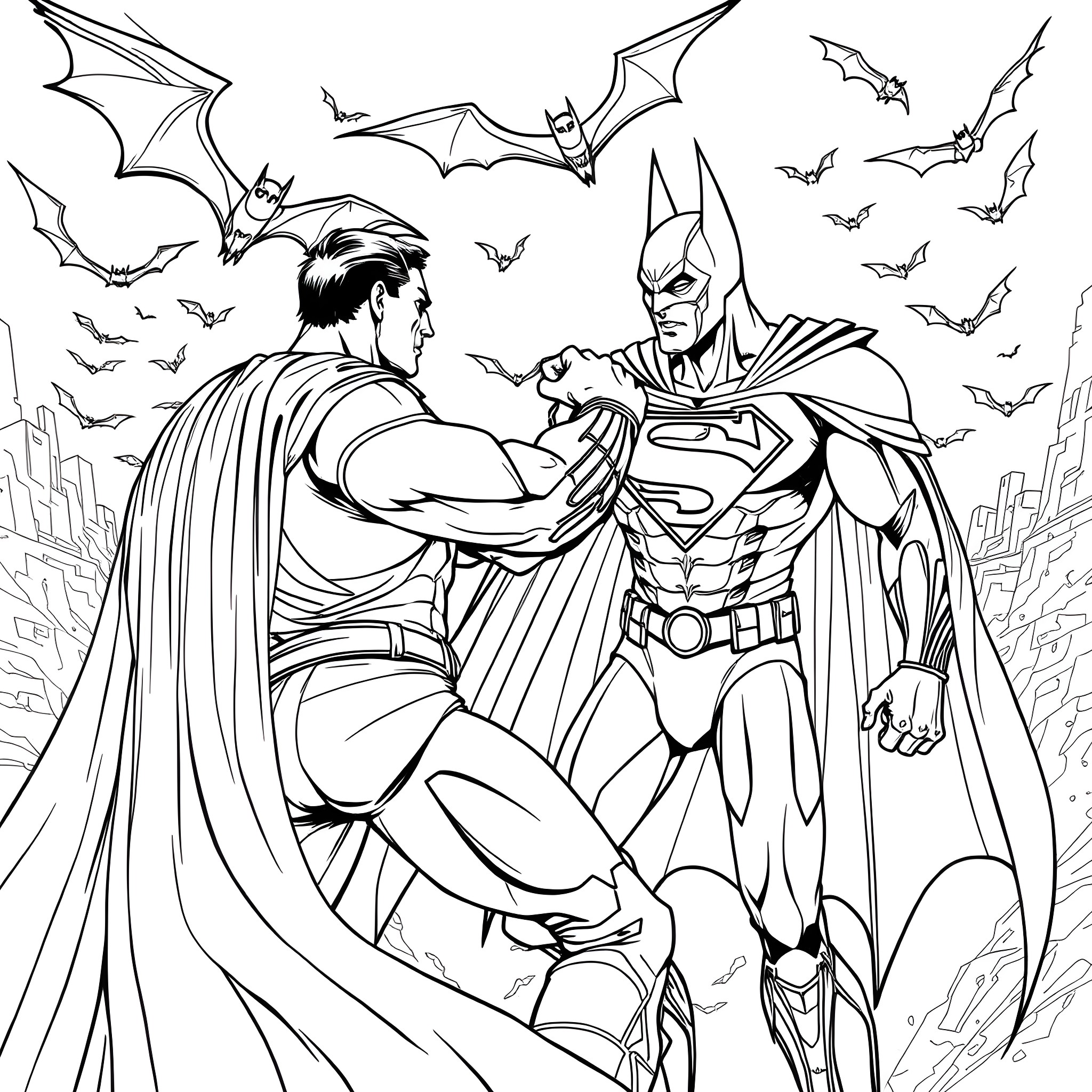 Superman and Batman heroic battle against villainous bats Coloring Page (free black-and-white line drawing printable PDF for all, from beginners to advanced learners, including children, teens, adults, and seniors)