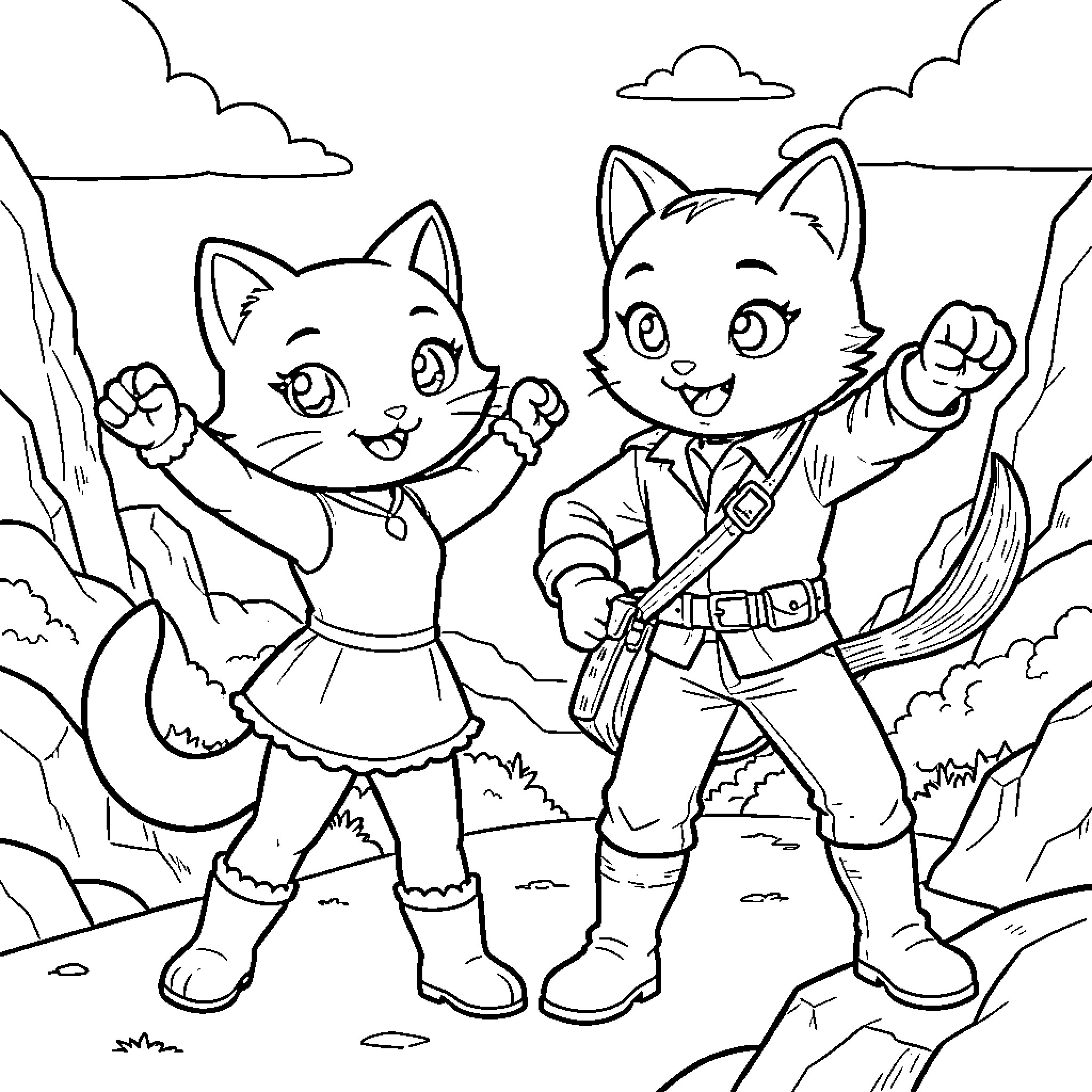 Kitty adventurers explore the great outdoors Coloring Page (free black-and-white line drawing printable PDF for all, from beginners to advanced learners, including children, teens, adults, and seniors)