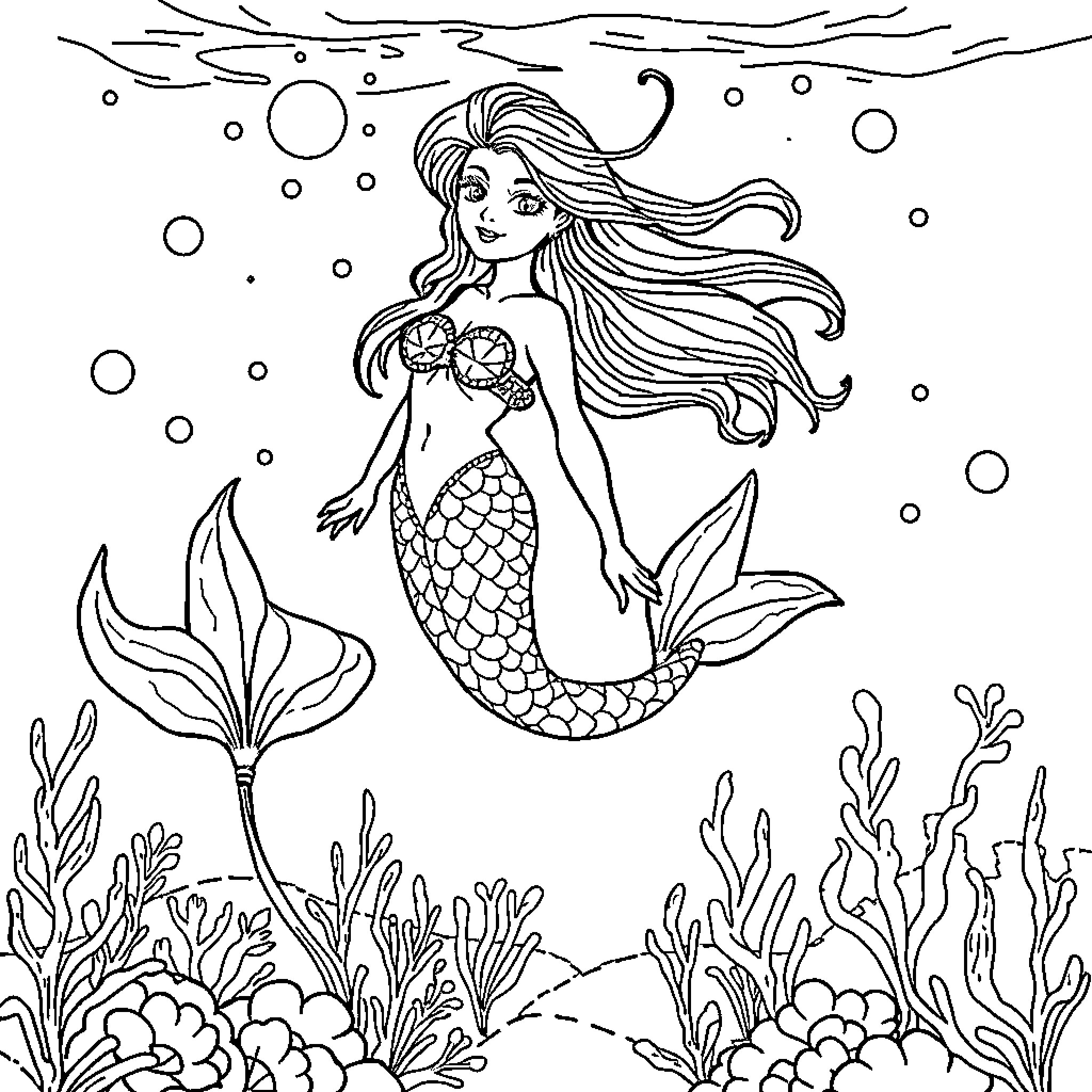 Mermaid swimming gracefully in the underwater world Coloring Page (free black-and-white line drawing printable PDF for all, from beginners to advanced learners, including children, teens, adults, and seniors)