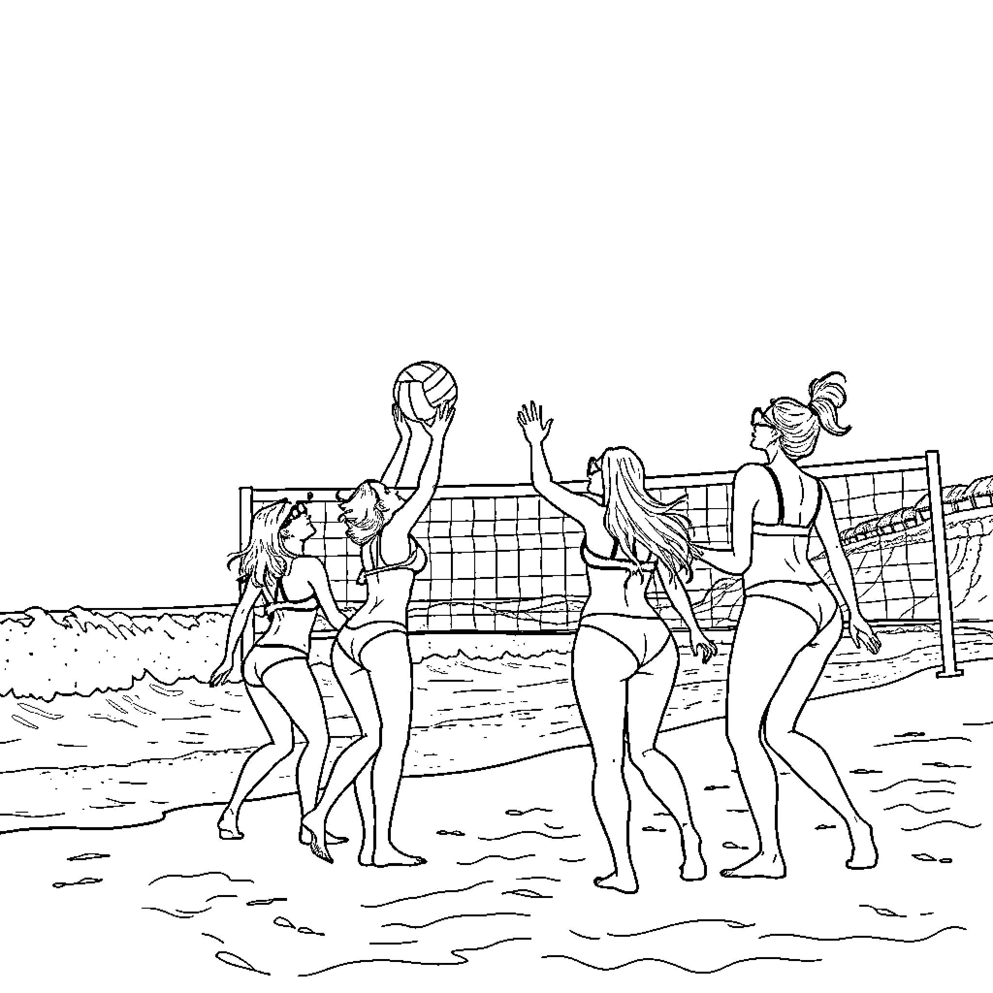 Lady volleyball players competing in a beach match Coloring Page (free black-and-white line drawing printable PDF for all, from beginners to advanced learners, including children, teens, adults, and seniors)