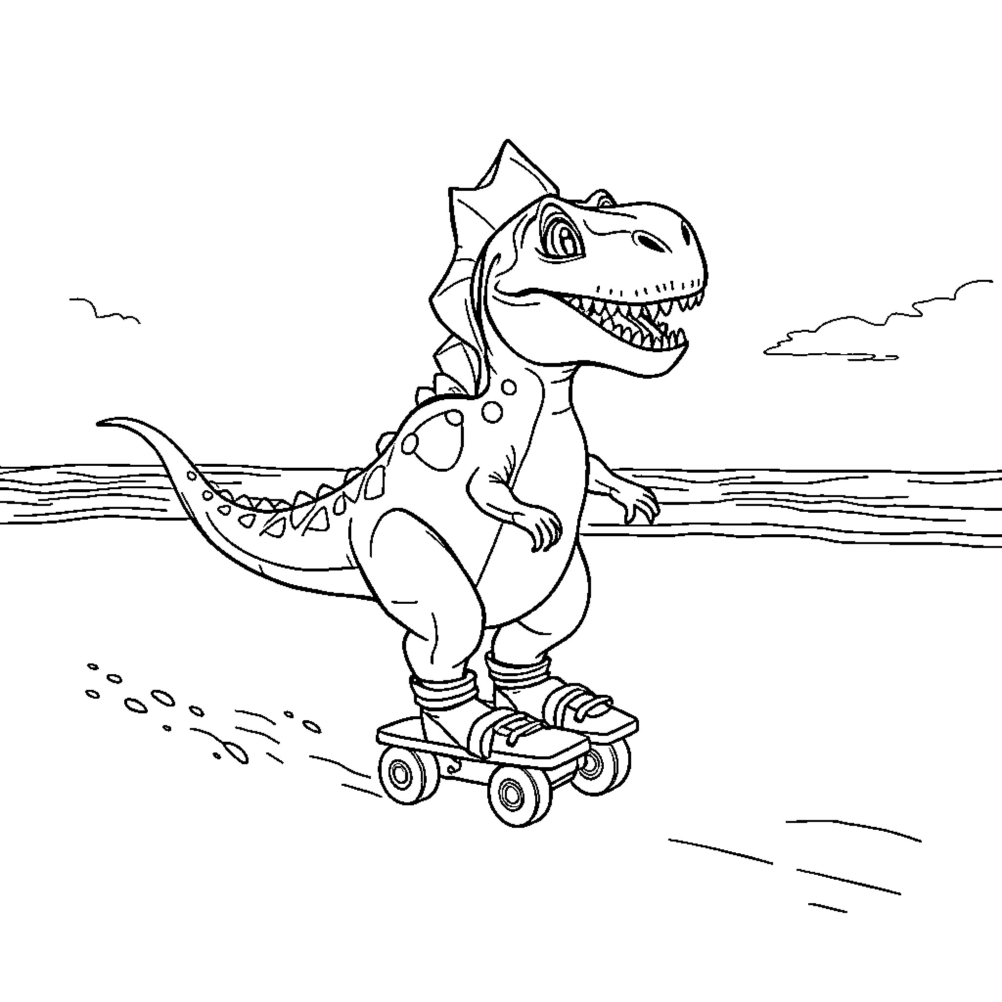 Dinosaur riding roller skates on the beach Coloring Page (free black-and-white line drawing printable PDF for all, from beginners to advanced learners, including children, teens, adults, and seniors)