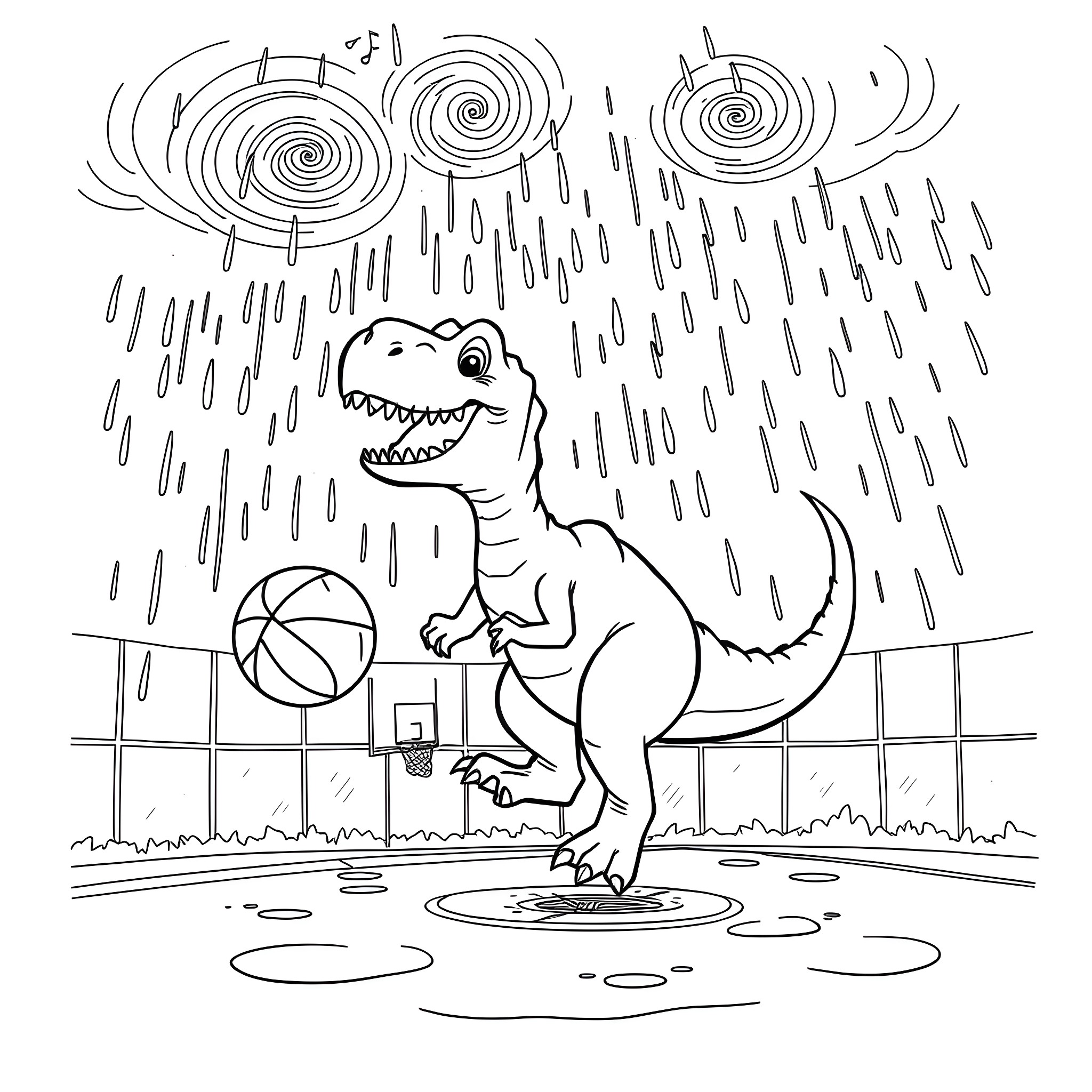 Dinosaur playing basketball in the rain Coloring Page (free black-and-white line drawing printable PDF for all, from beginners to advanced learners, including children, teens, adults, and seniors)