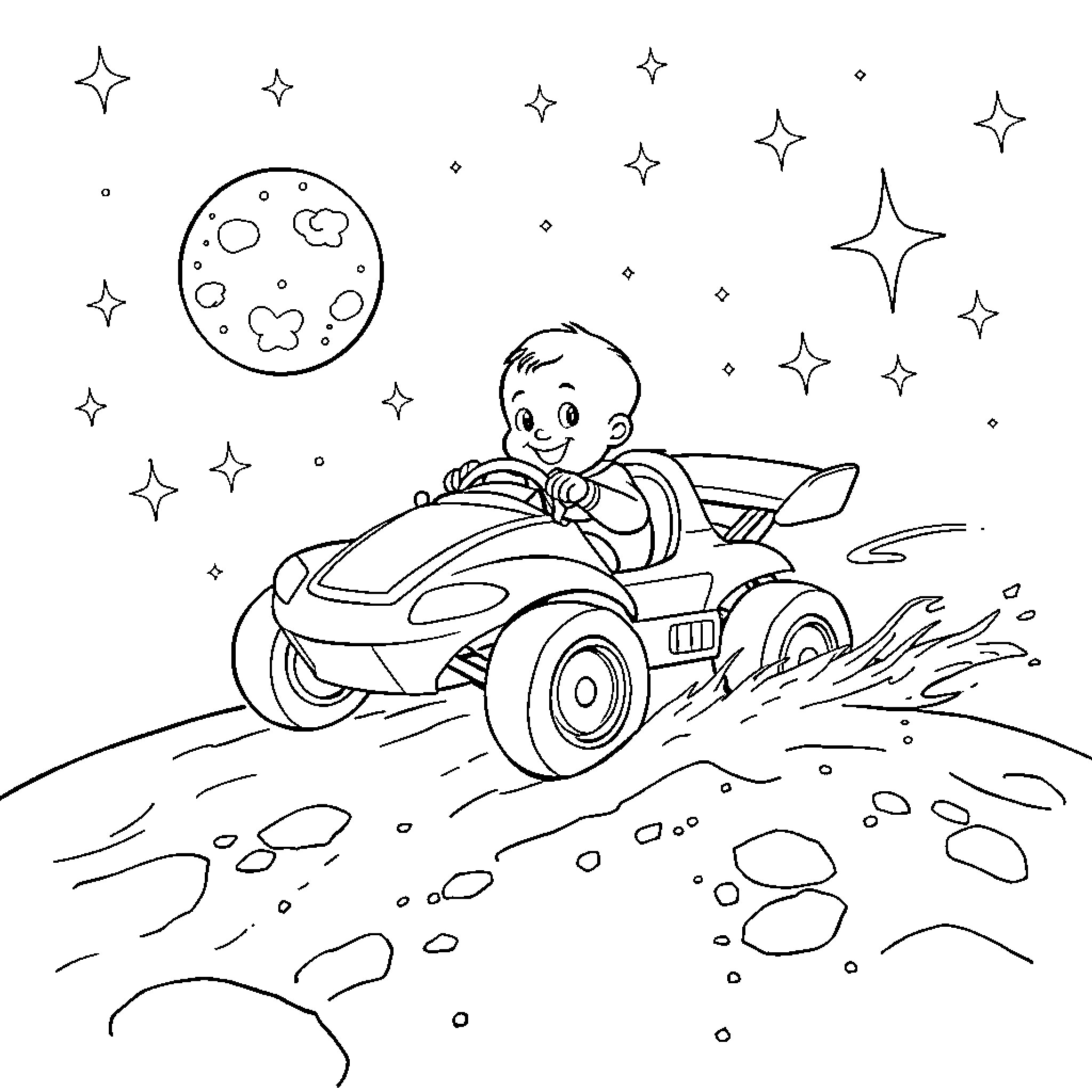 Baby driving a futuristic car through the cosmos Coloring Page (free black-and-white line drawing printable PDF for all, from beginners to advanced learners, including children, teens, adults, and seniors)