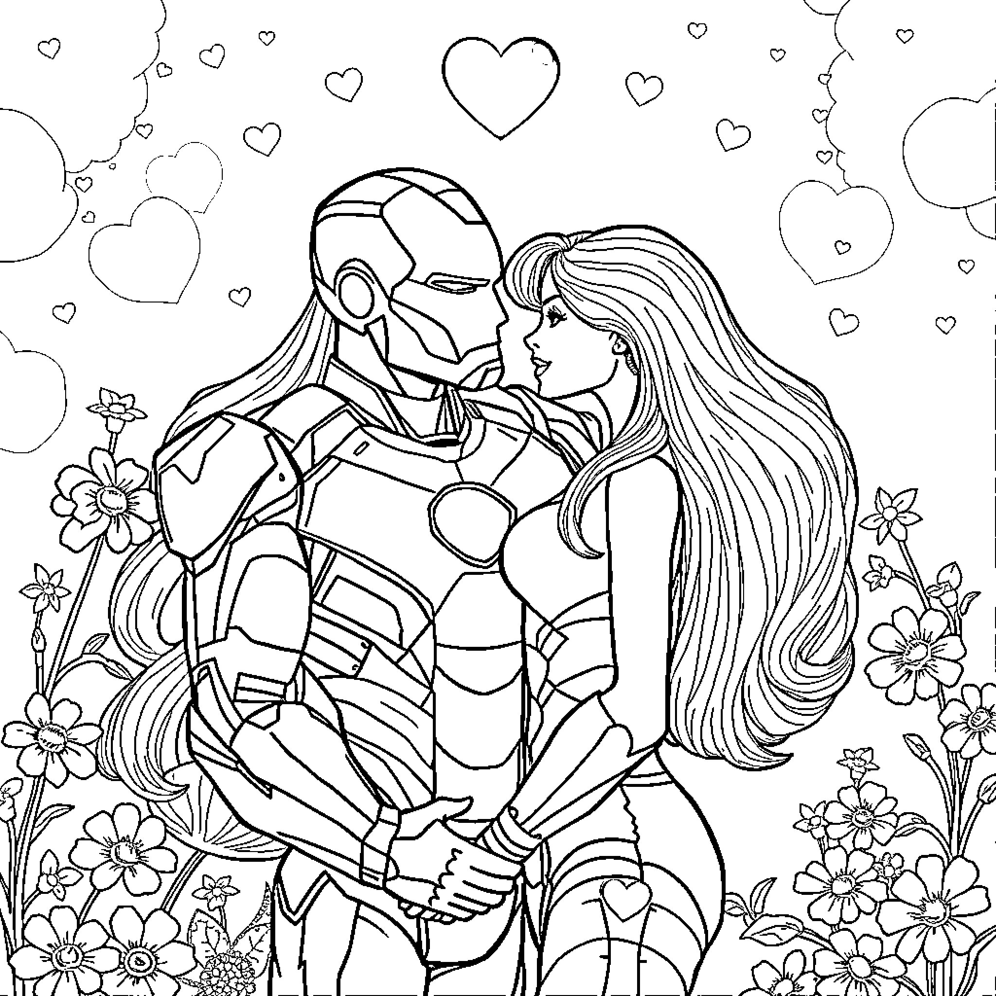 Iron Man and woman embrace amidst floral backdrop Coloring Page (free black-and-white line drawing printable PDF for all, from beginners to advanced learners, including children, teens, adults, and seniors)