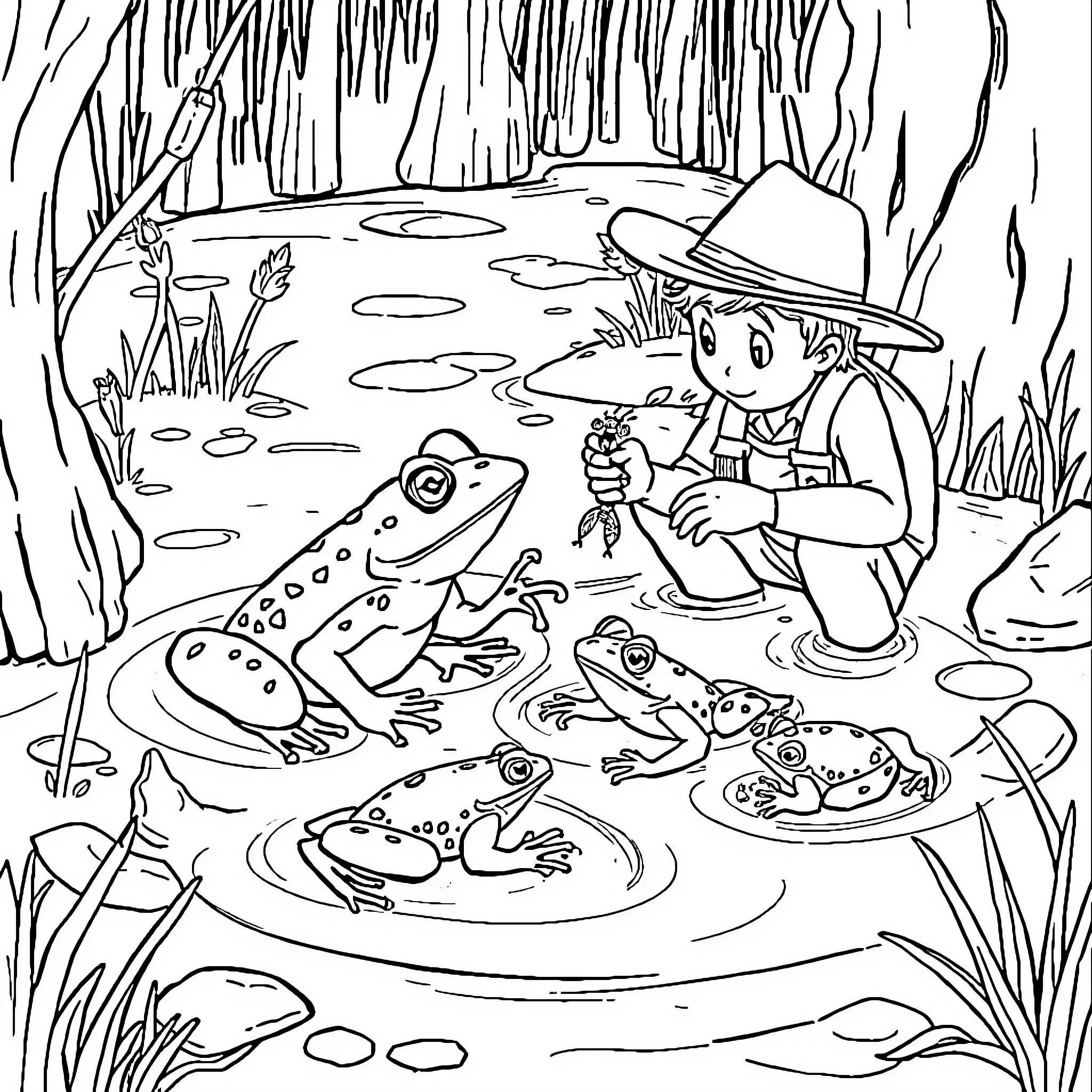 Frog Watching Boy Interacting with Frogs in the Pond Coloring Page (free black-and-white line drawing printable PDF for all, from beginners to advanced learners, including children, teens, adults, and seniors)