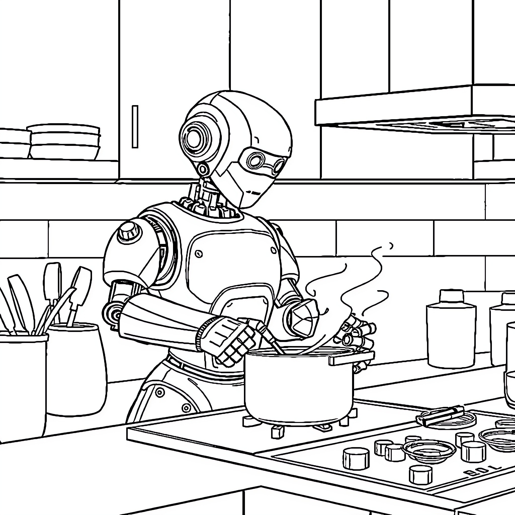 Robot cooking in the kitchen Coloring Page (free black-and-white line drawing printable PDF for all, from beginners to advanced learners, including children, teens, adults, and seniors)