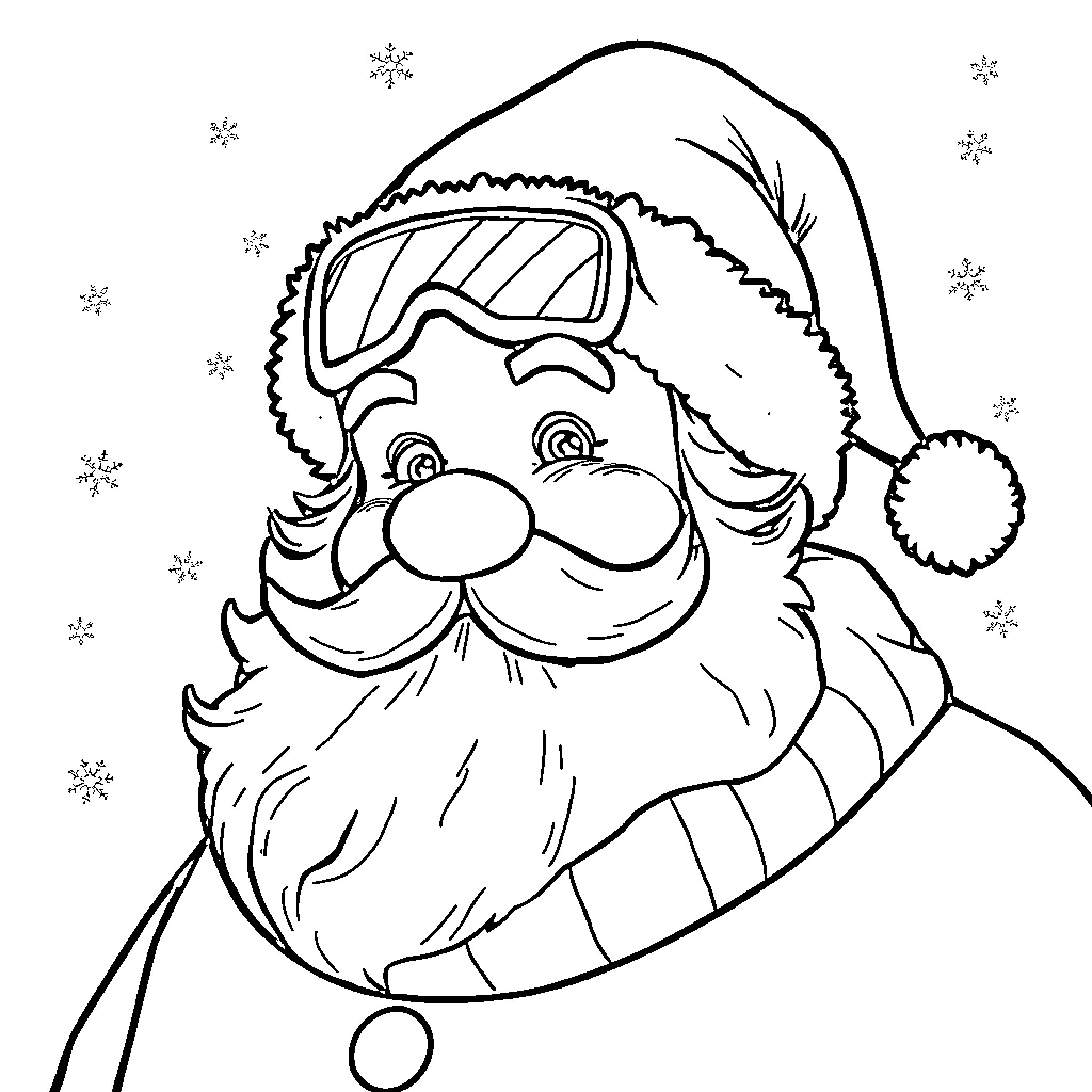 Santa Claus smiling with winter hat and goggles Coloring Page (free black-and-white line drawing printable PDF for all, from beginners to advanced learners, including children, teens, adults, and seniors)