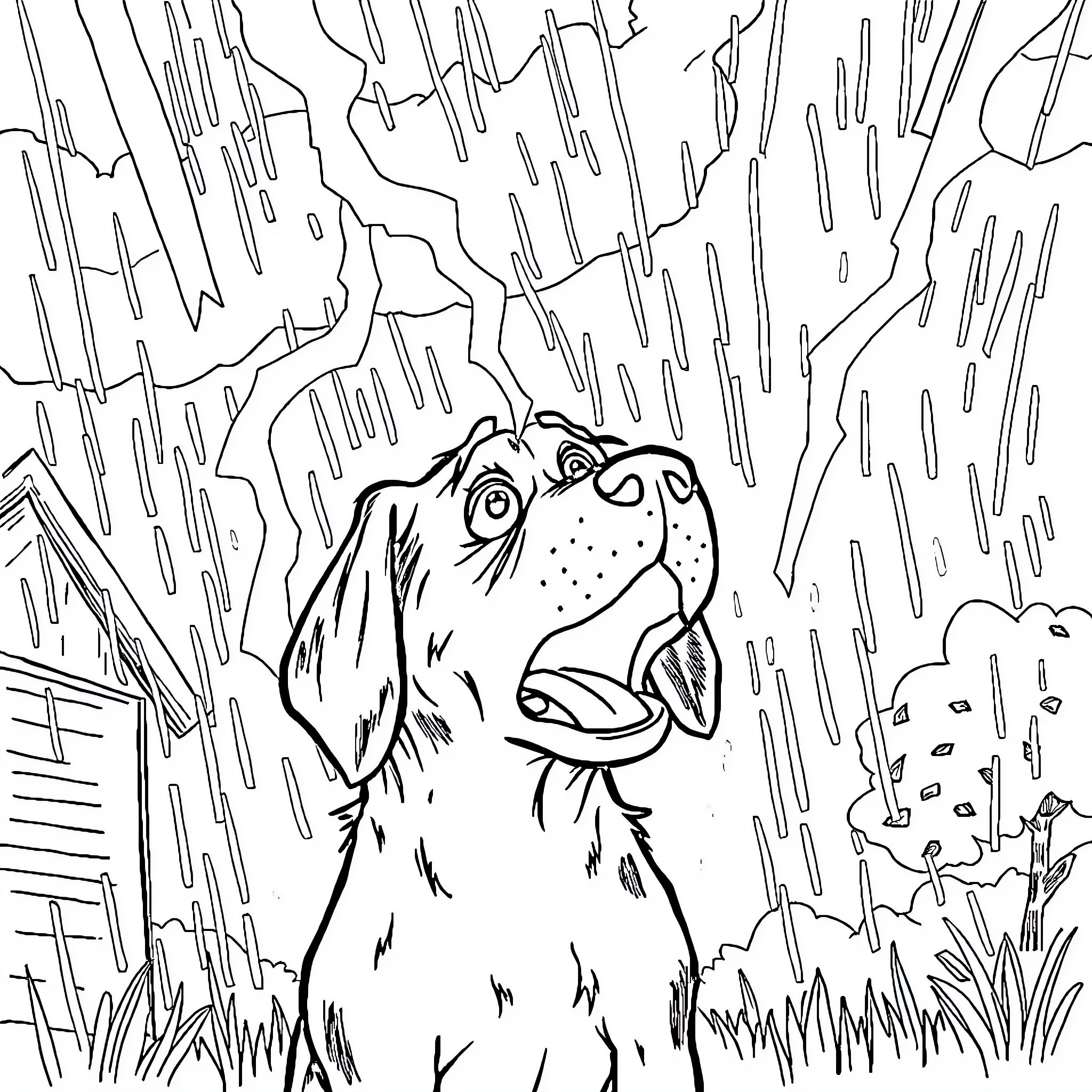 Hound Dog Exploring the Outdoors Coloring Page (free black-and-white line drawing printable PDF for all, from beginners to advanced learners, including children, teens, adults, and seniors)