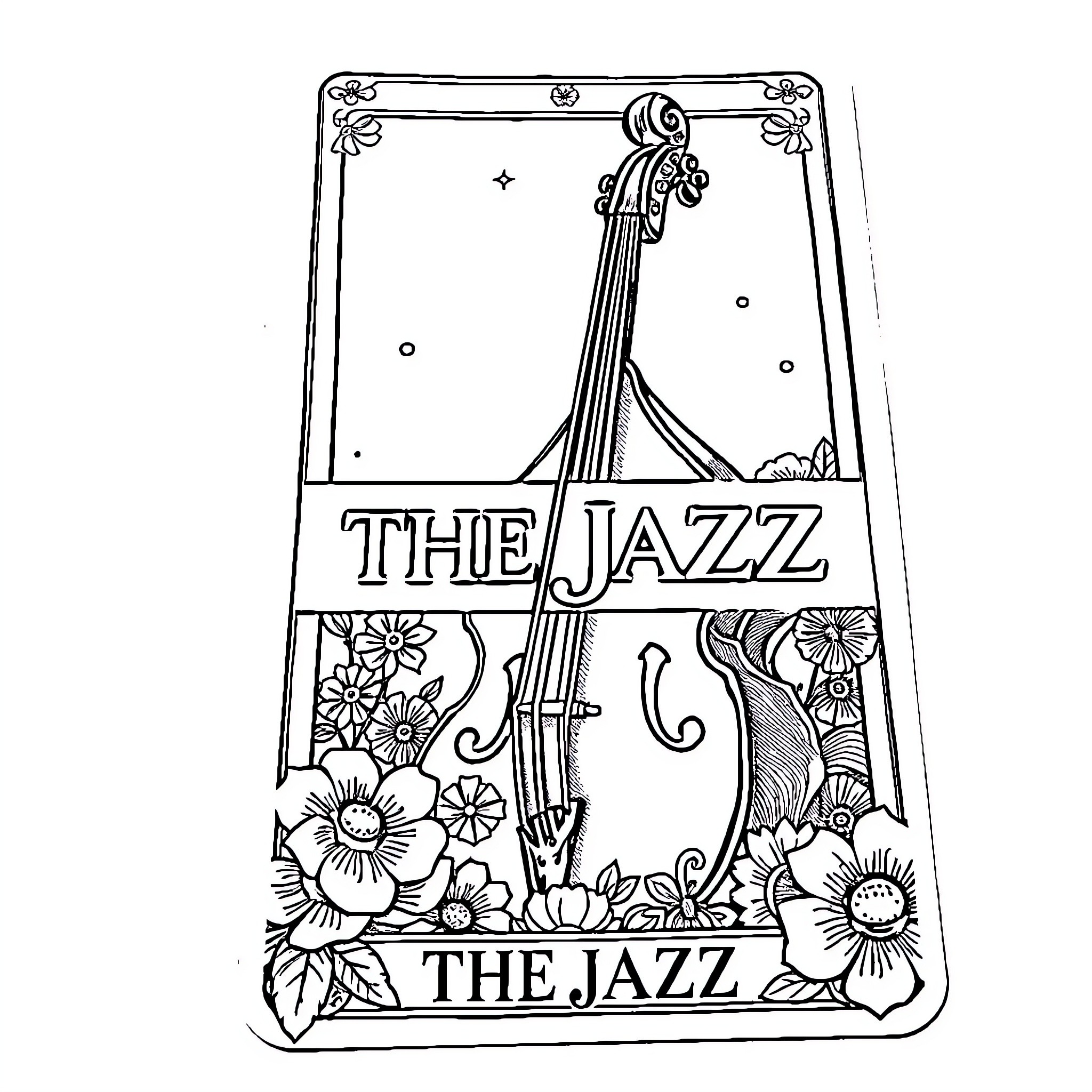 Tarot Card with Ornate Jazz Instrument and Flowers Coloring Page (free black-and-white line drawing printable PDF for all, from beginners to advanced learners, including children, teens, adults, and seniors)