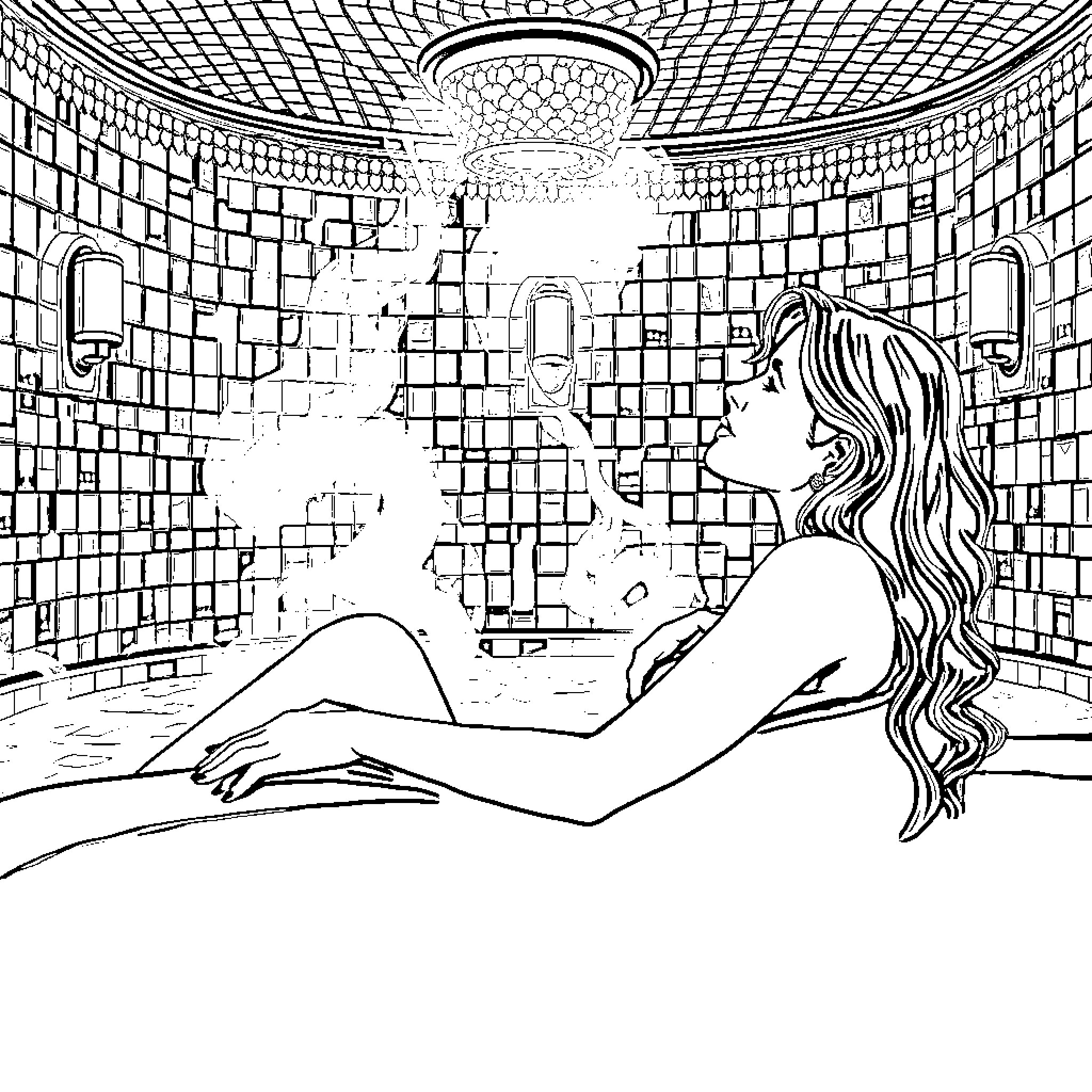Nicole Kidman Relaxing in Glamorous Bathroom Setting Coloring Page (free black-and-white line drawing printable PDF for all, from beginners to advanced learners, including children, teens, adults, and seniors)