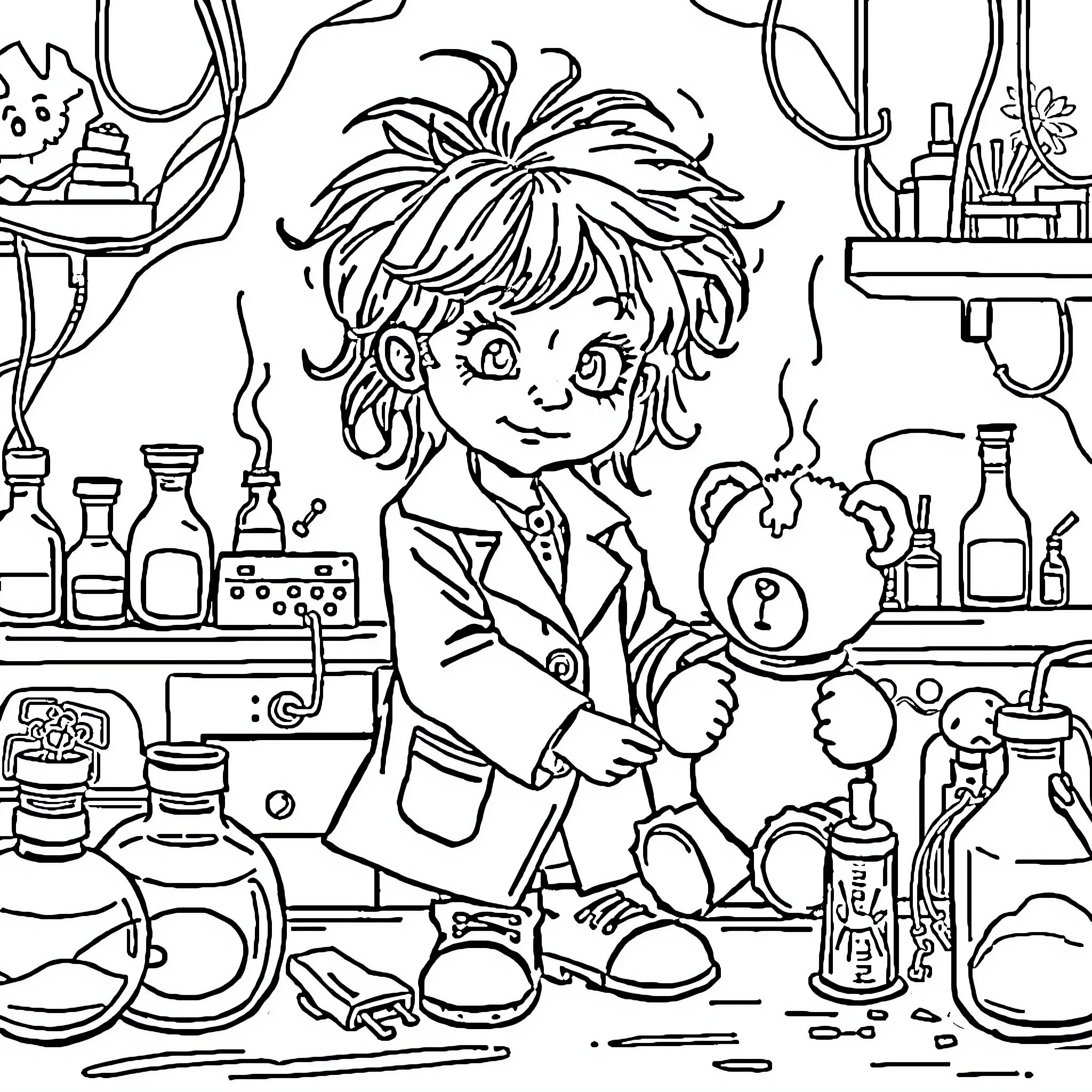 Girl in a Whimsical Science Lab Coloring Page (free black-and-white line drawing printable PDF for all, from beginners to advanced learners, including children, teens, adults, and seniors)