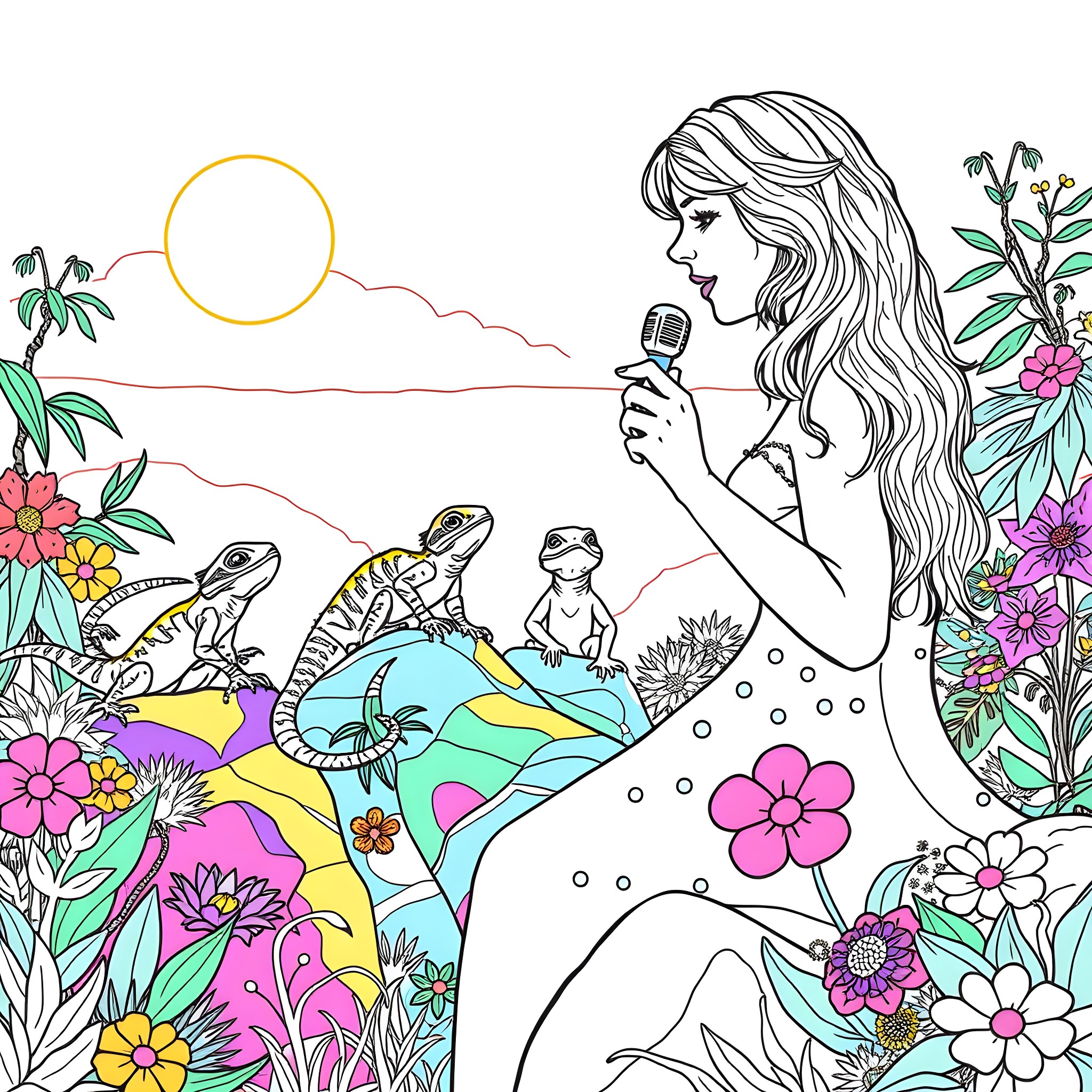 Taylor Swift singing amidst vibrant nature and wildlife Coloring Page (free black-and-white line drawing printable PDF for all, from beginners to advanced learners, including children, teens, adults, and seniors)