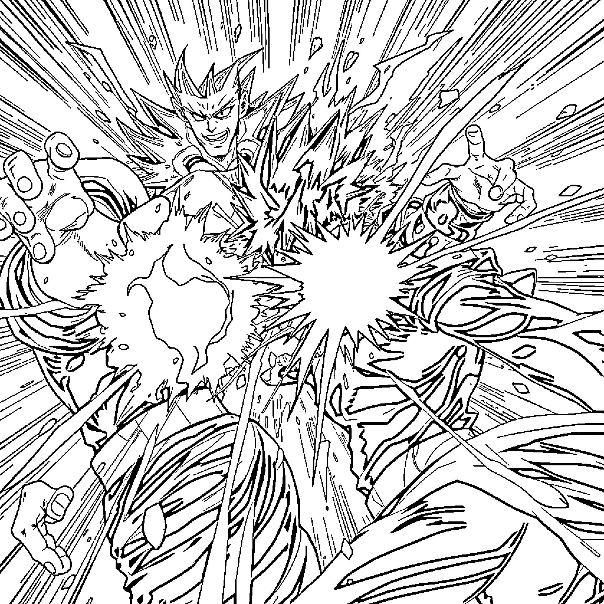 Bakugo's Explosive Confrontation Coloring Page (free black-and-white line drawing printable PDF for all, from beginners to advanced learners, including children, teens, adults, and seniors)