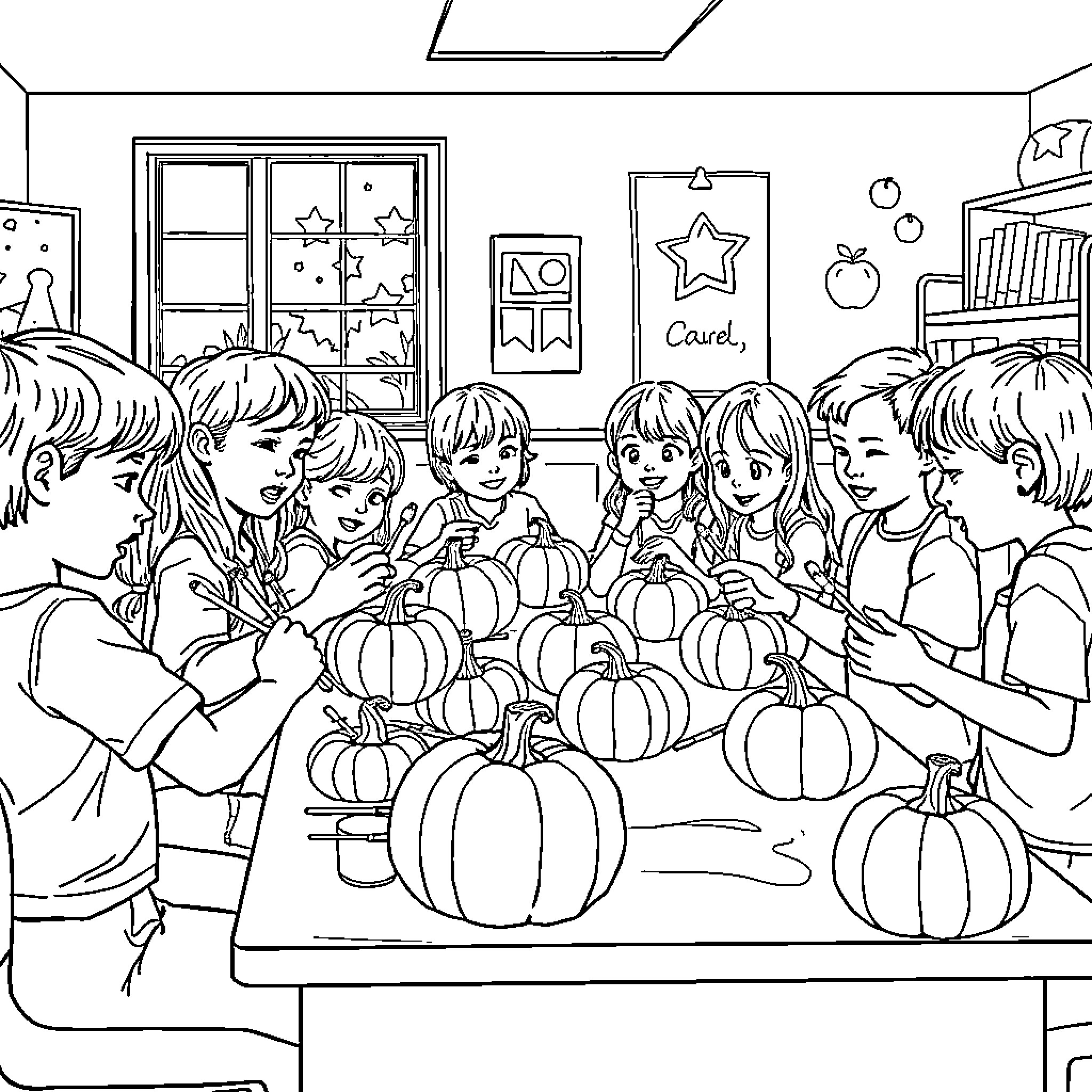 Students Decorating Pumpkins Together in Classroom Coloring Page (free black-and-white line drawing printable PDF for all, from beginners to advanced learners, including children, teens, adults, and seniors)
